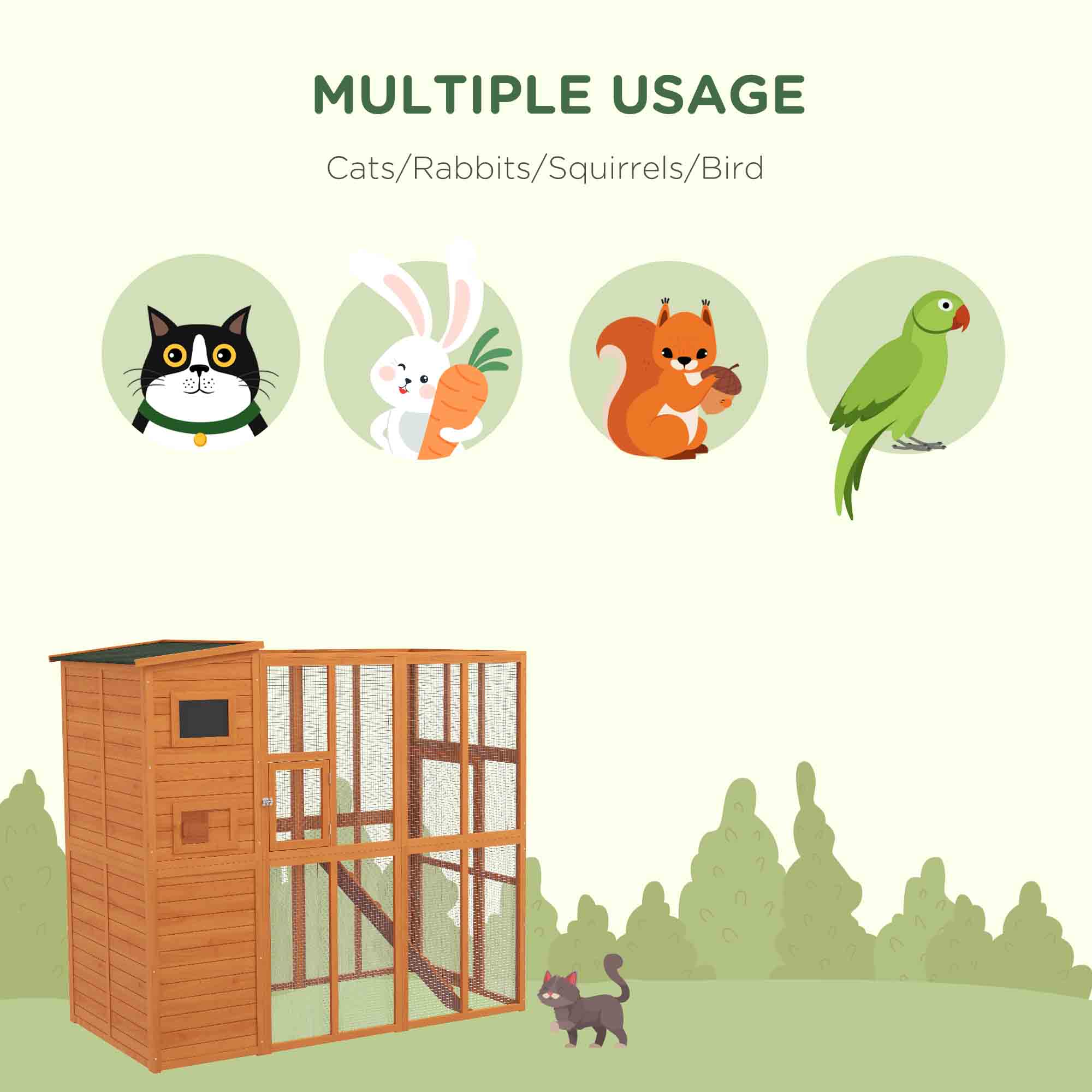 68.75" H Cat Cage Large Wooden Outdoor Cat House with Large Run for Play, Catio for Lounging, and Condo Area for Sleeping, Natural