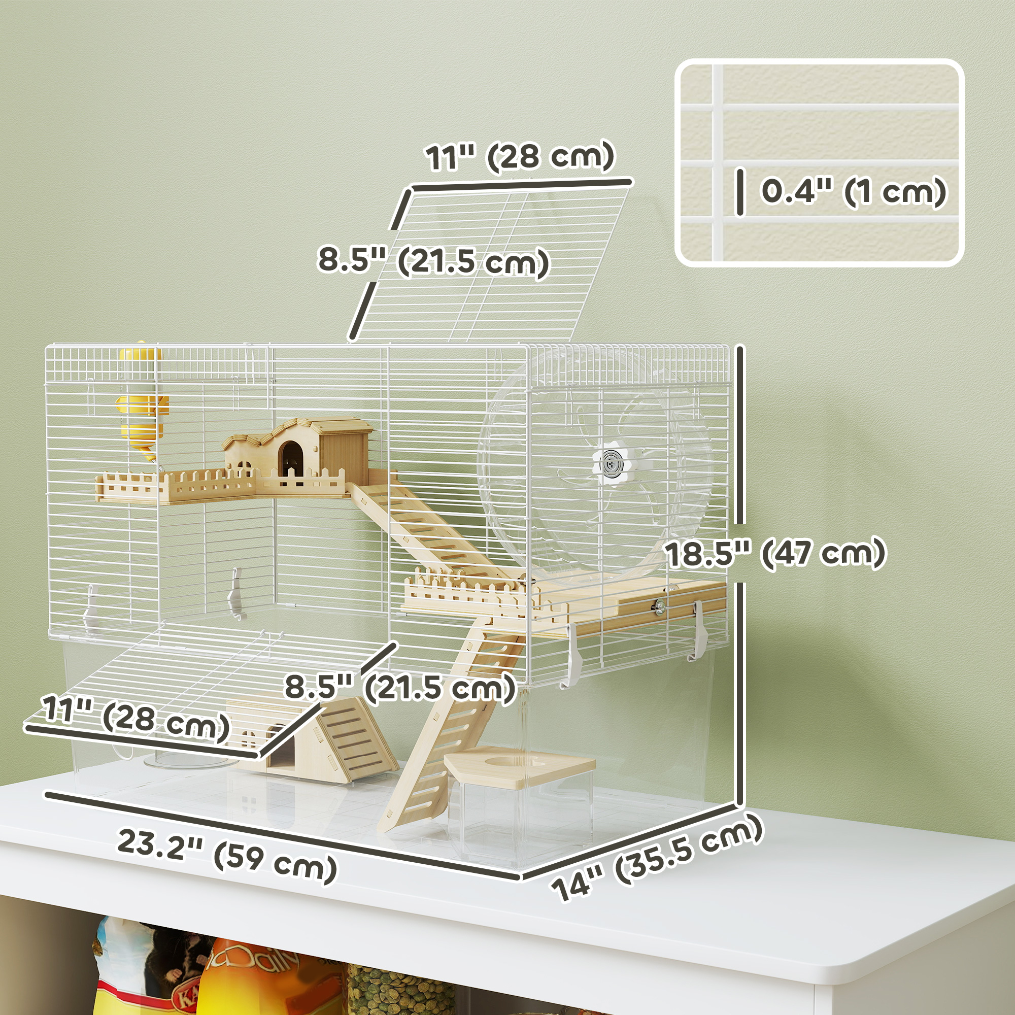 Hamster Cage with Deep Bottom, Wooden Ramp, Hut, Bathroom and Exercise Wheel for Hamster and Gerbil, White