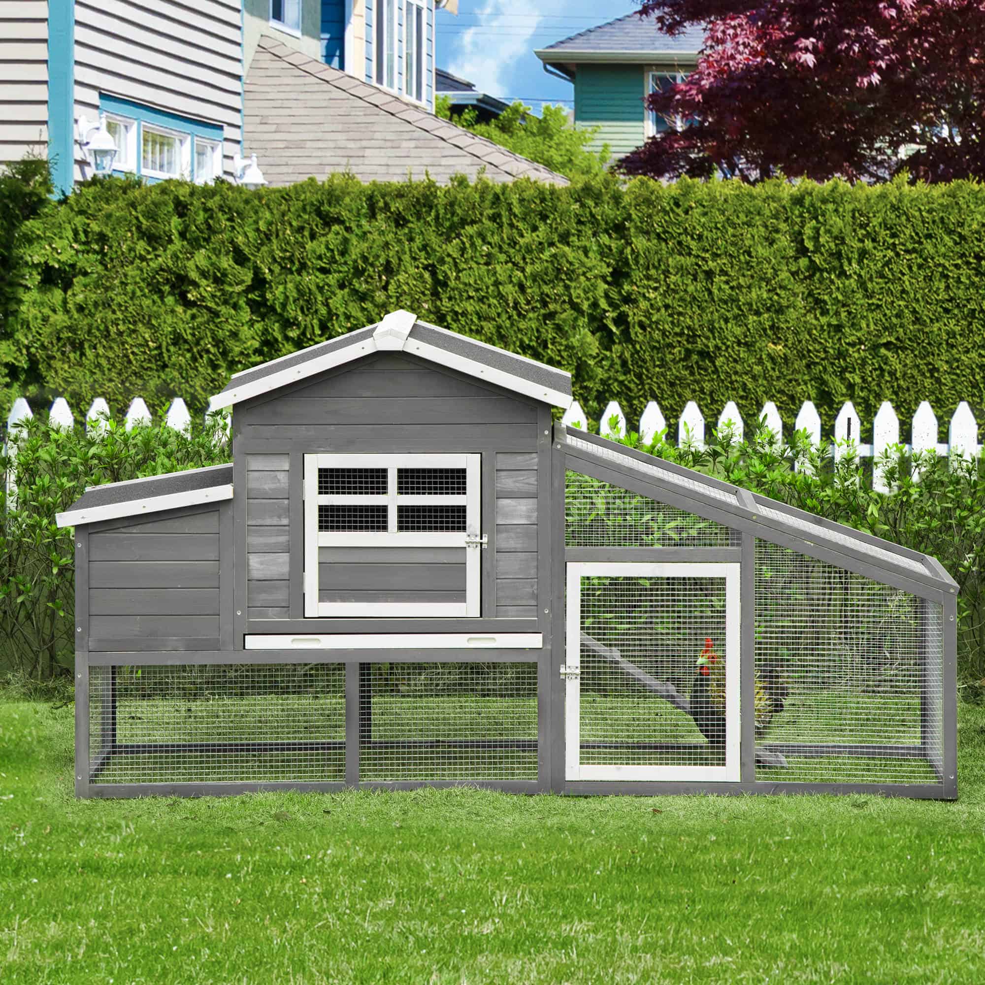 79" Wooden Chicken Coop, Outdoor Hen House, Poultry Habitat with Removable Tray, Nesting Box, Run, Ramp, Grey