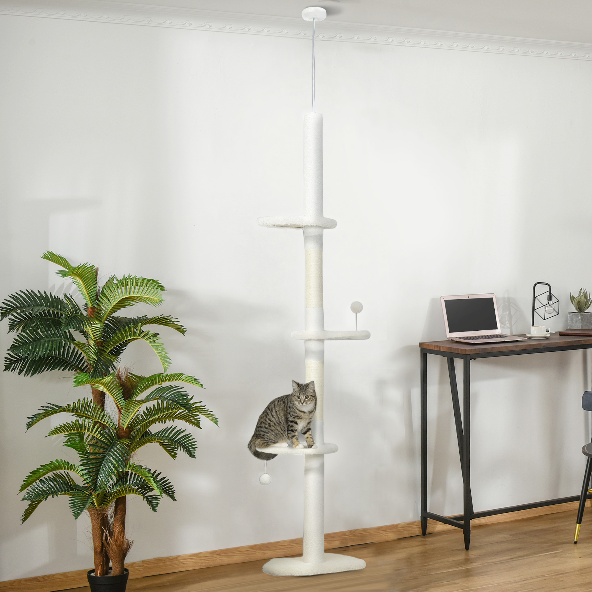88.5"-100.5" Floor to Ceiling Cat Tree, Cat Tower with Scratching Posts, Cloud Shaped Platforms, Dangling Balls, Cream - Image 8