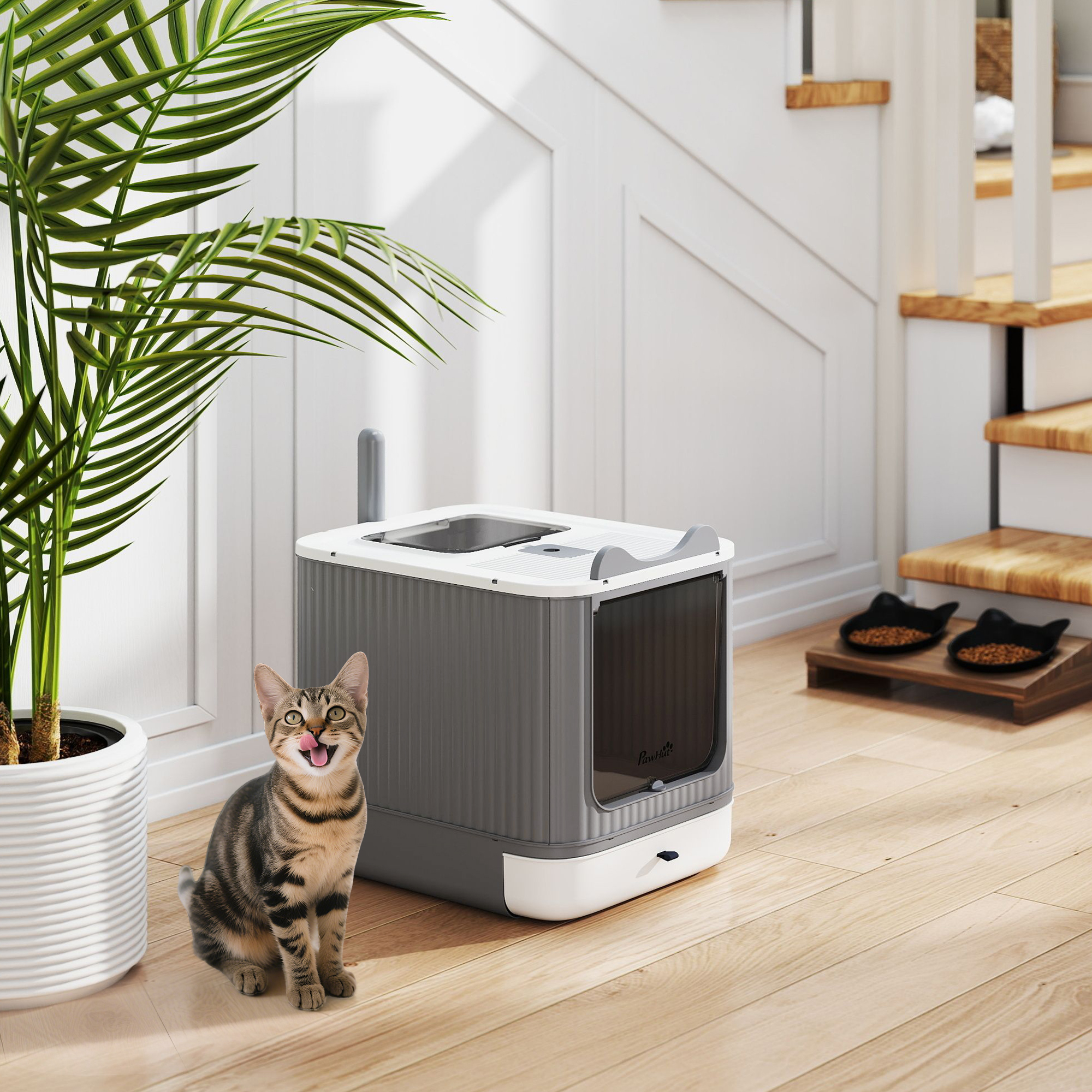 Litter Box with Lid, Enclosed Kitty Litter Box with Front-Entry, Top-Exit, Scoop, Deodorizer Bag for Medium Cats, White