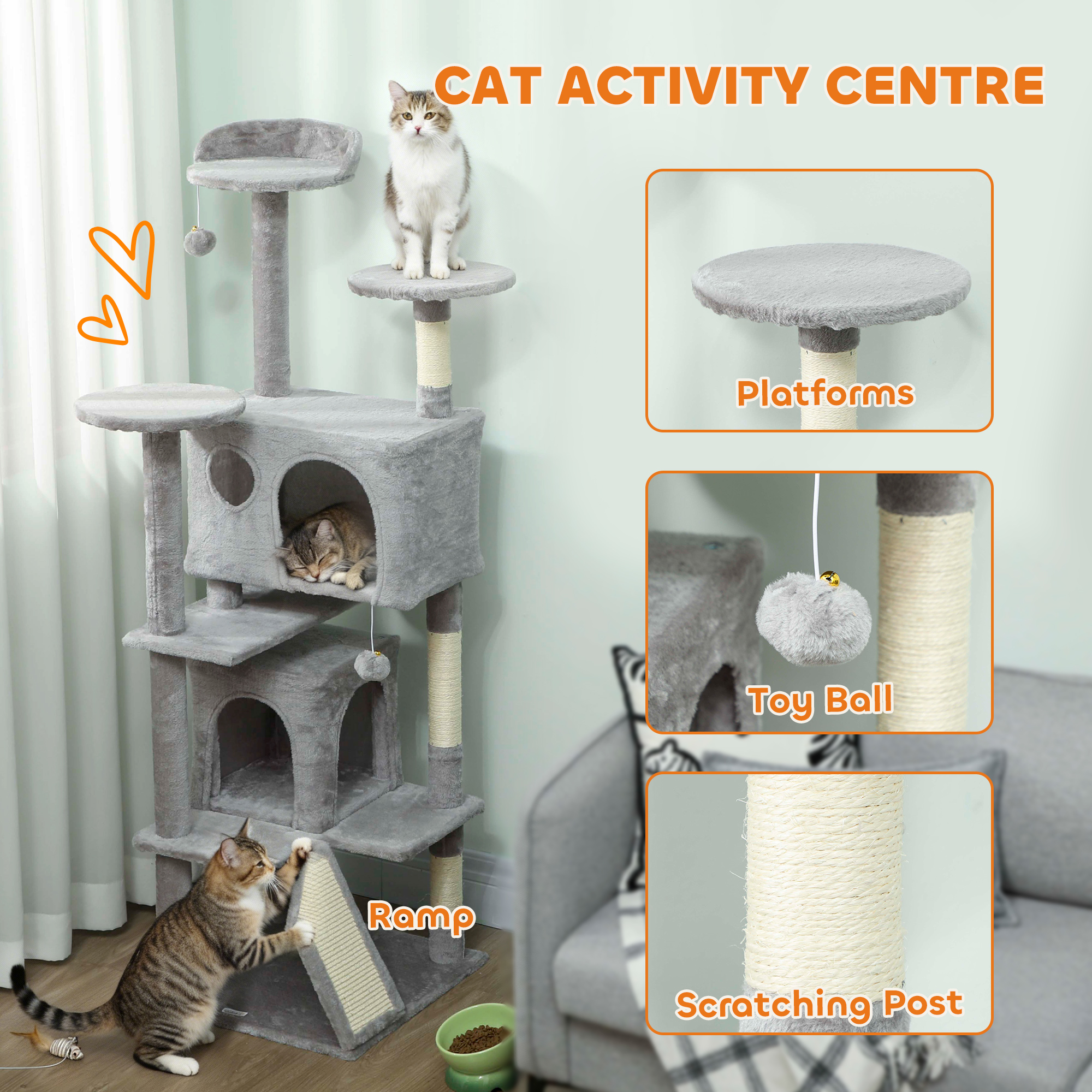 54" Cat Tree, Multi-Level Cat Tower with Scratching Posts, Cat Condos, Bed, Platforms, Ramp, Toy Ball, Light Grey - Image 4