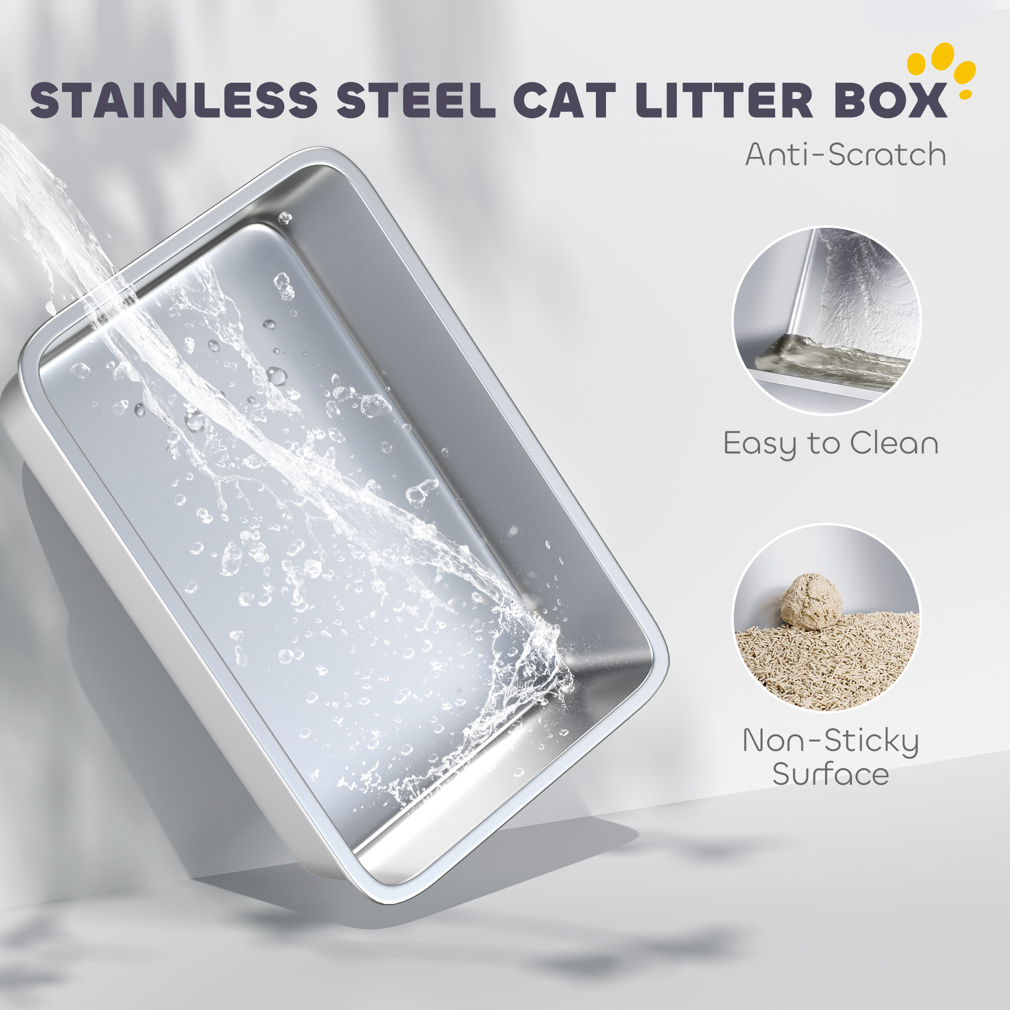 XL Stainless Steel Cat Litter Box for Big Cats with Flip Top, Scoop, Easy Clean & No Odors, Non-Sticky