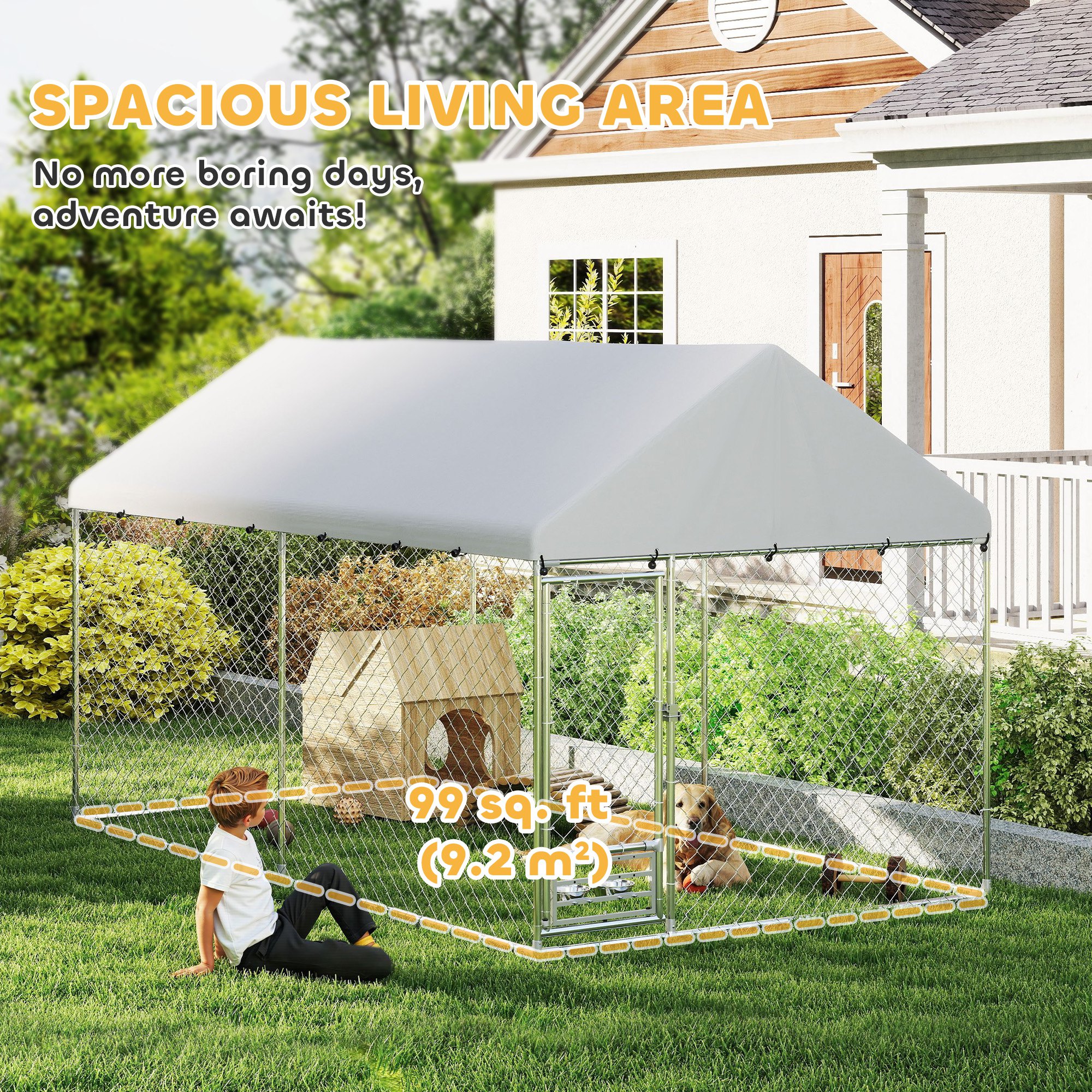 Outdoor Dog Run with Adjustable & Rotatable Bowls, Waterproof UV-Resistant Cover, Escape-Proof Lock, 13.1' x 7.5' x 7.5'