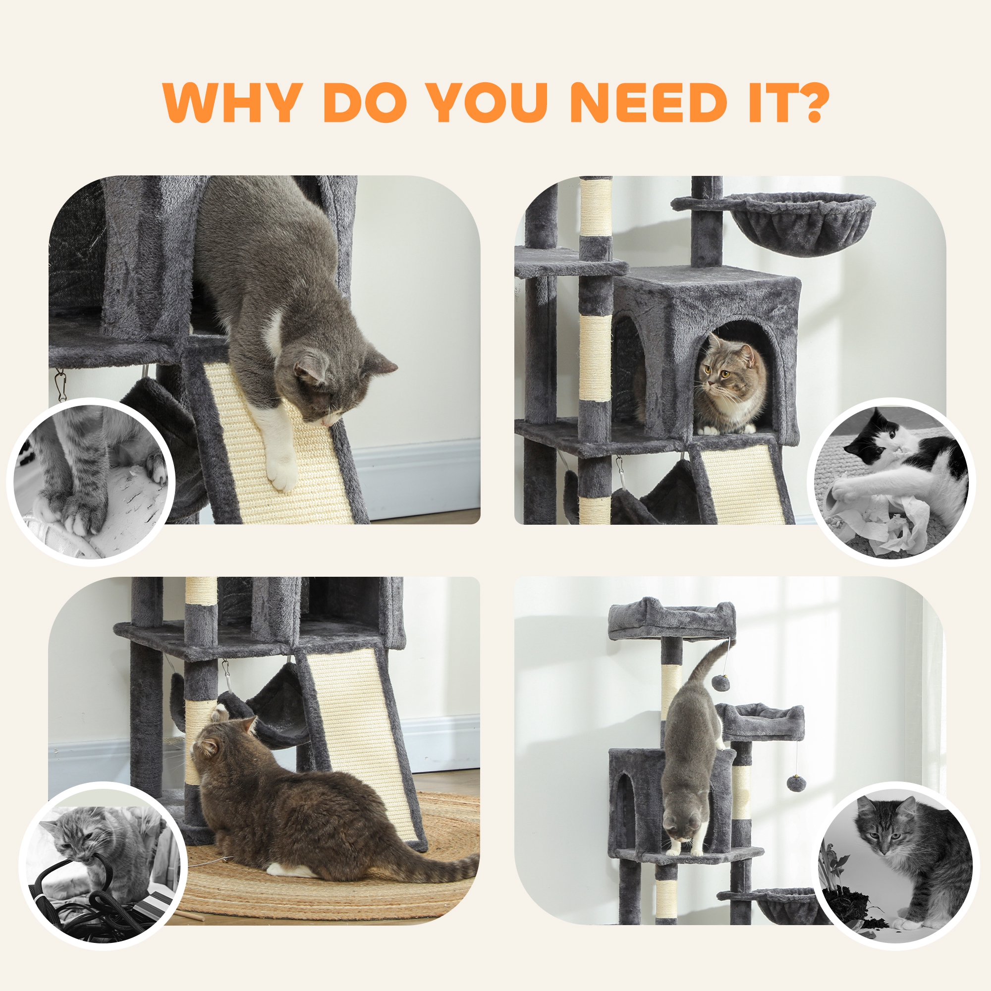 Cat Tree, 70" Multi-Level Cat Tower with 2 Condos, 2 Perches, Hammock, Toy Balls, Scratching Posts and Board, Dark Grey