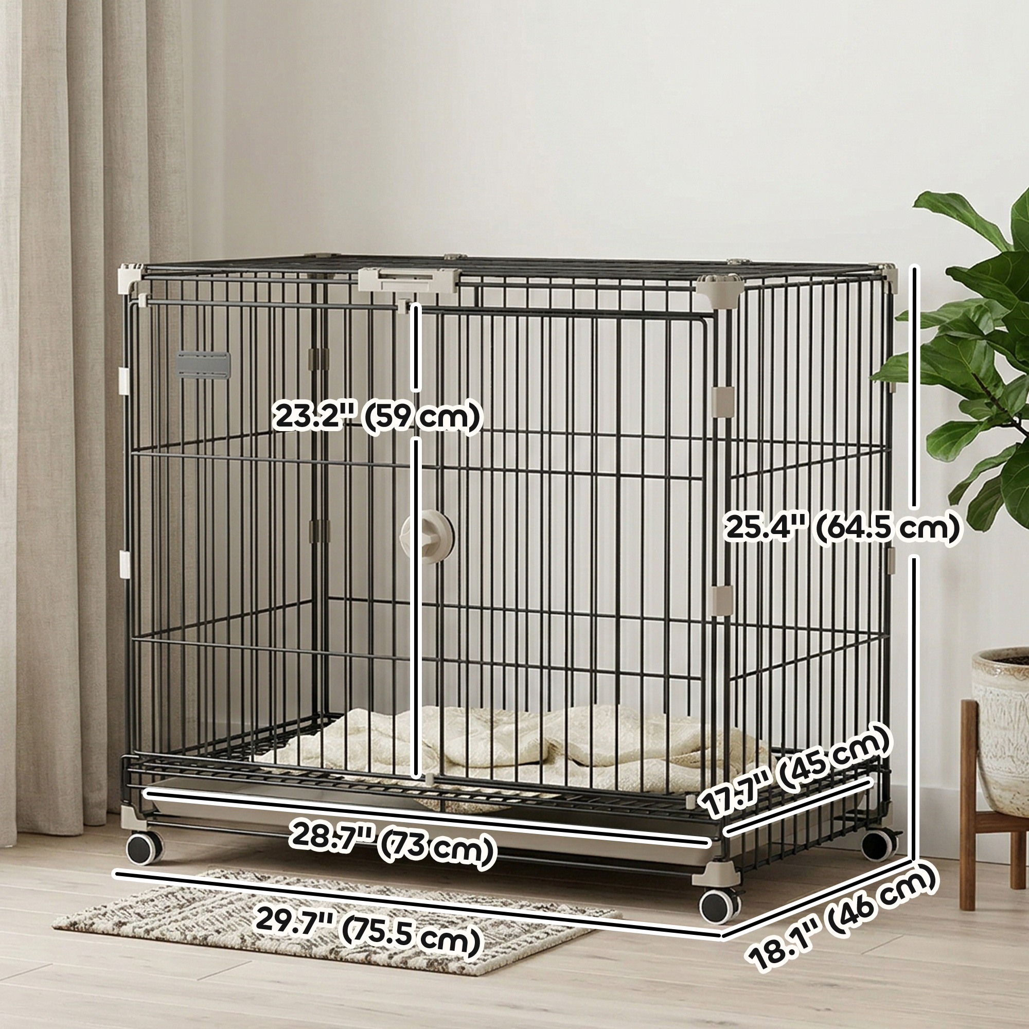 Dog Crate, 30 Inch Metal Dog Cage with Removable Tray, Lockable Wheels, 2 Doors for Small Medium Breeds, Black - Image 3