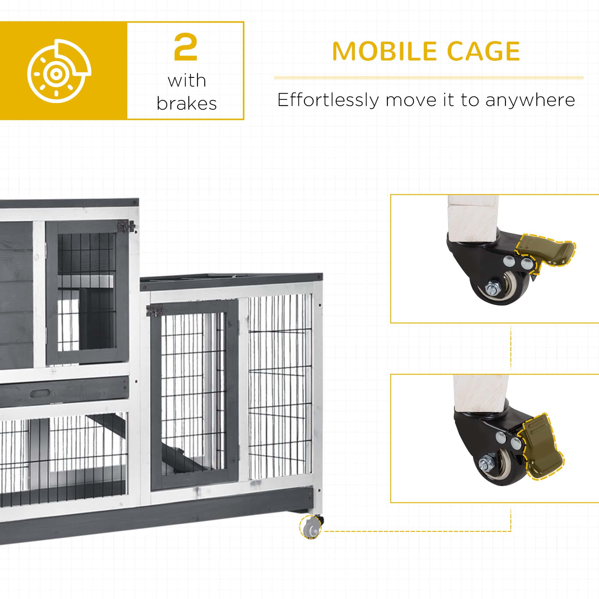 Wooden Rabbit Hutch, Indoor Bunny Cage with Wheels, Pull Out Trays, Run, Grey