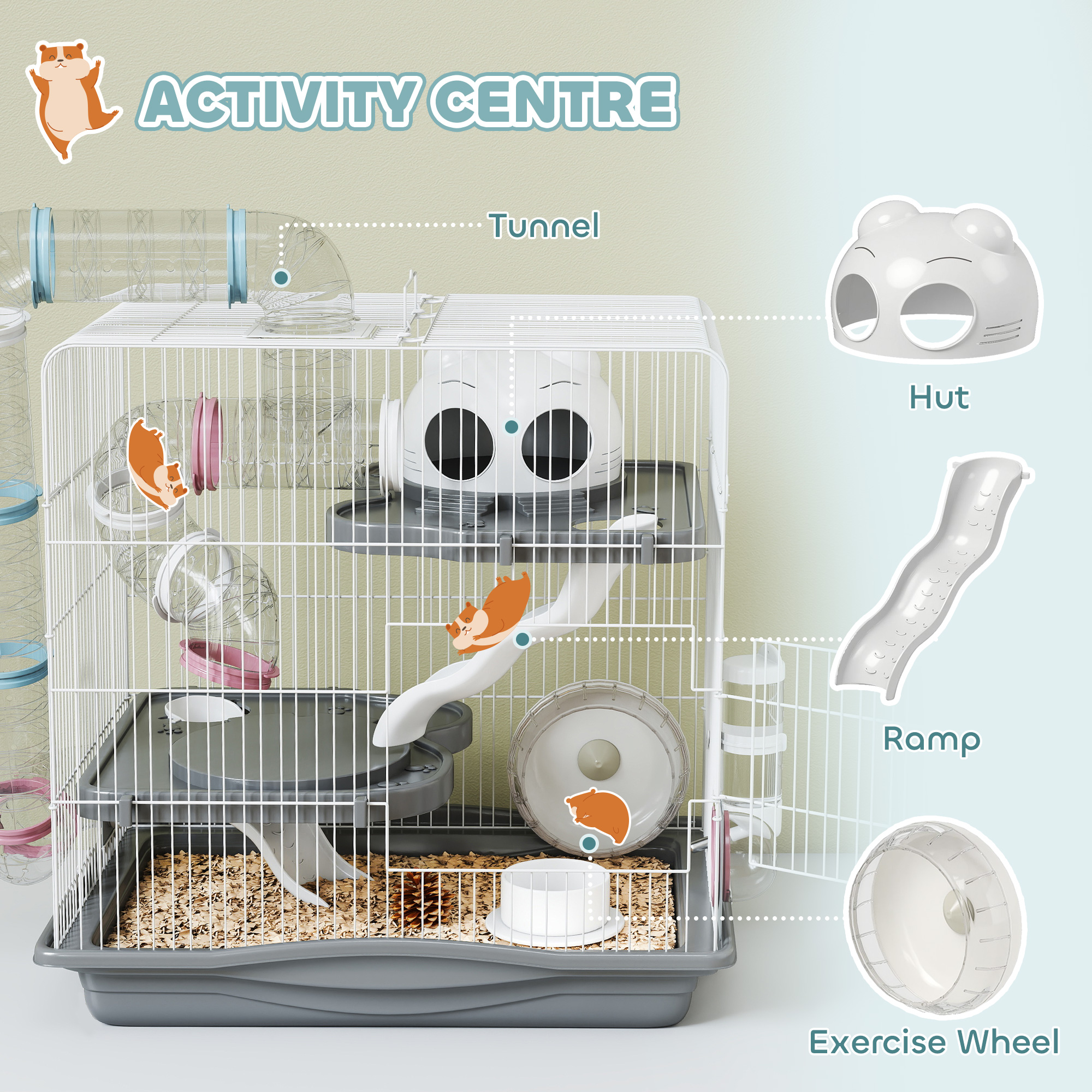 3-Tier Hamster Cage, Portable Gerbil Cage with Exercise Wheels, Water Bottle, Food Dish, for Dwarf Hamsters, Mouse, Grey - Image 5
