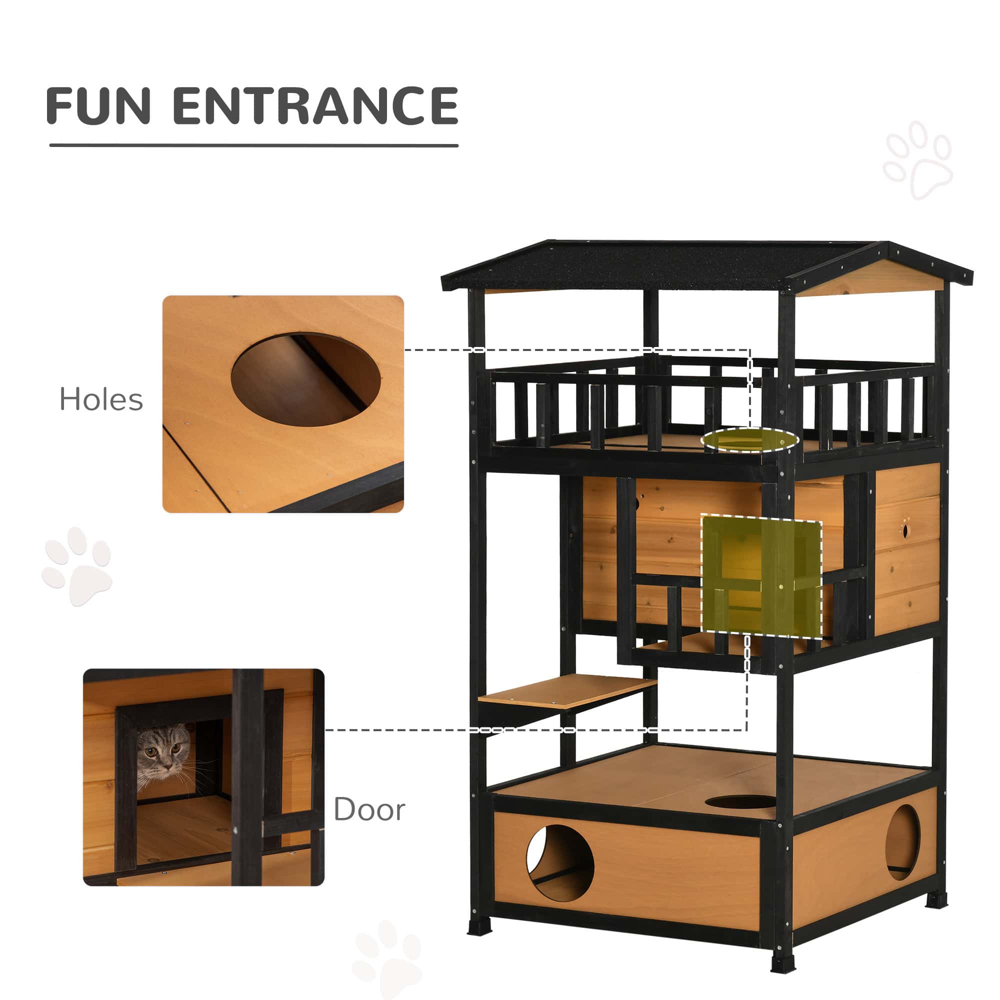 4-Floor Wood Outdoor Cat House Catio for Cats with Condo, Fun Entrances, Perch, Natural