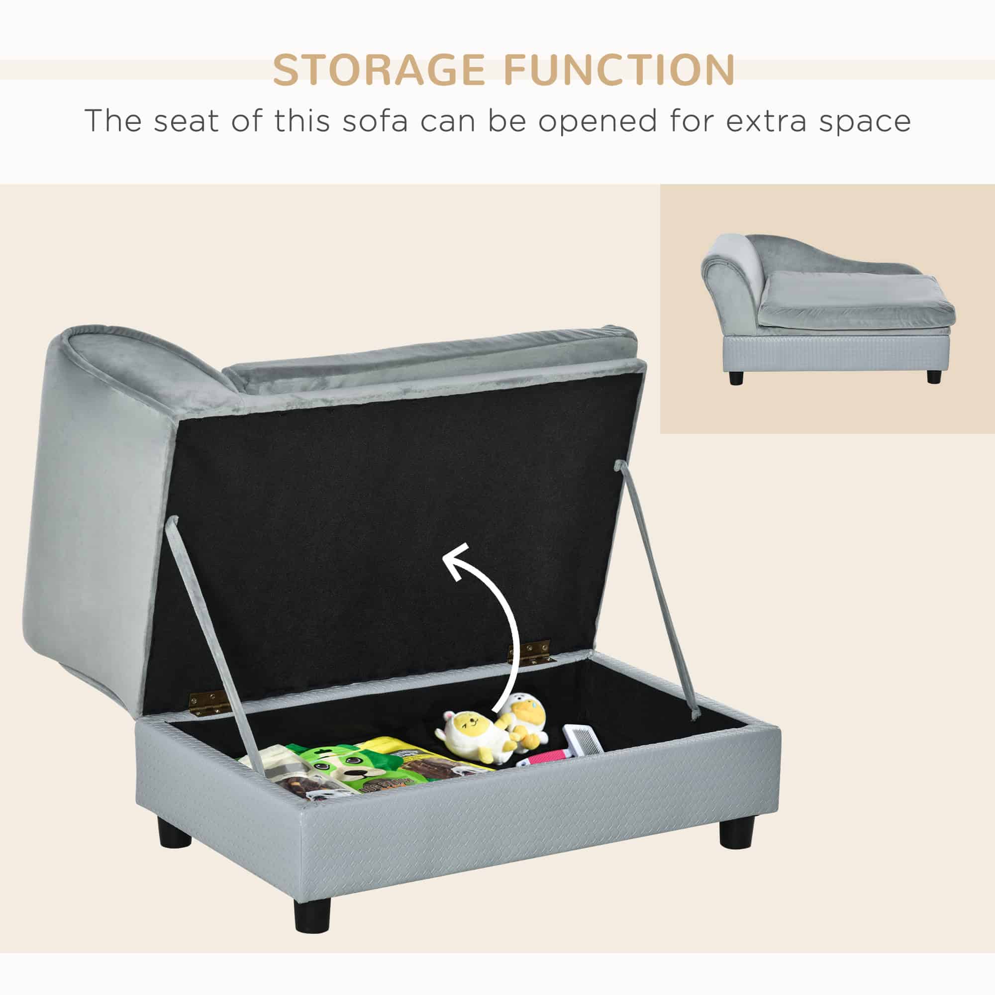 Pet Sofa Dog Couch Chaise Lounge Pet Bed with Storage Function Small Sized Dog Various Cat Sponge Cushioned Bed Lounge, Light Grey