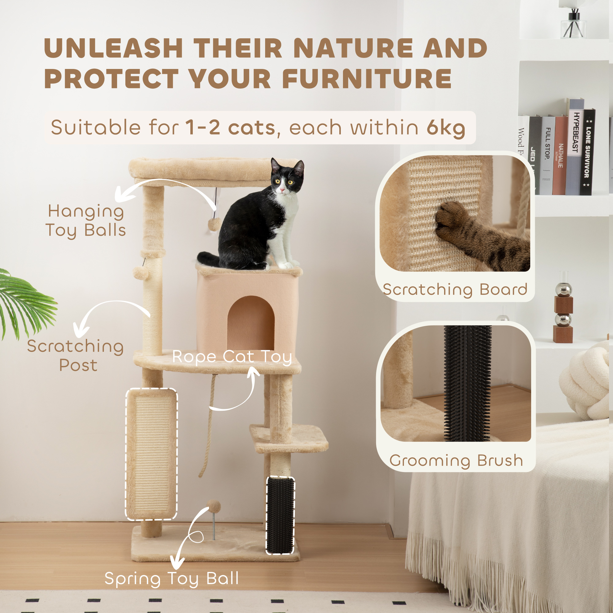 52 Inch Cat Tree with Scratching Posts, Cat Bed, Condo, Grooming Brush, Jumping Platforms, Toy Balls, Anti-tip Kit