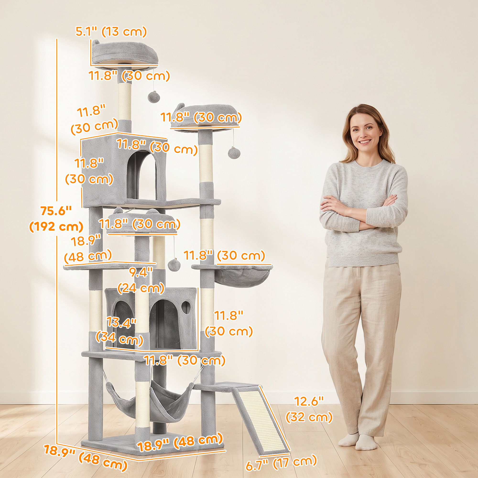 76" Large Cat Tree for Indoor Cats with 8 Scratching Posts, 3 Plush Beds, 2 Hammocks, 2 Large Condos, Ramp, Light Grey
