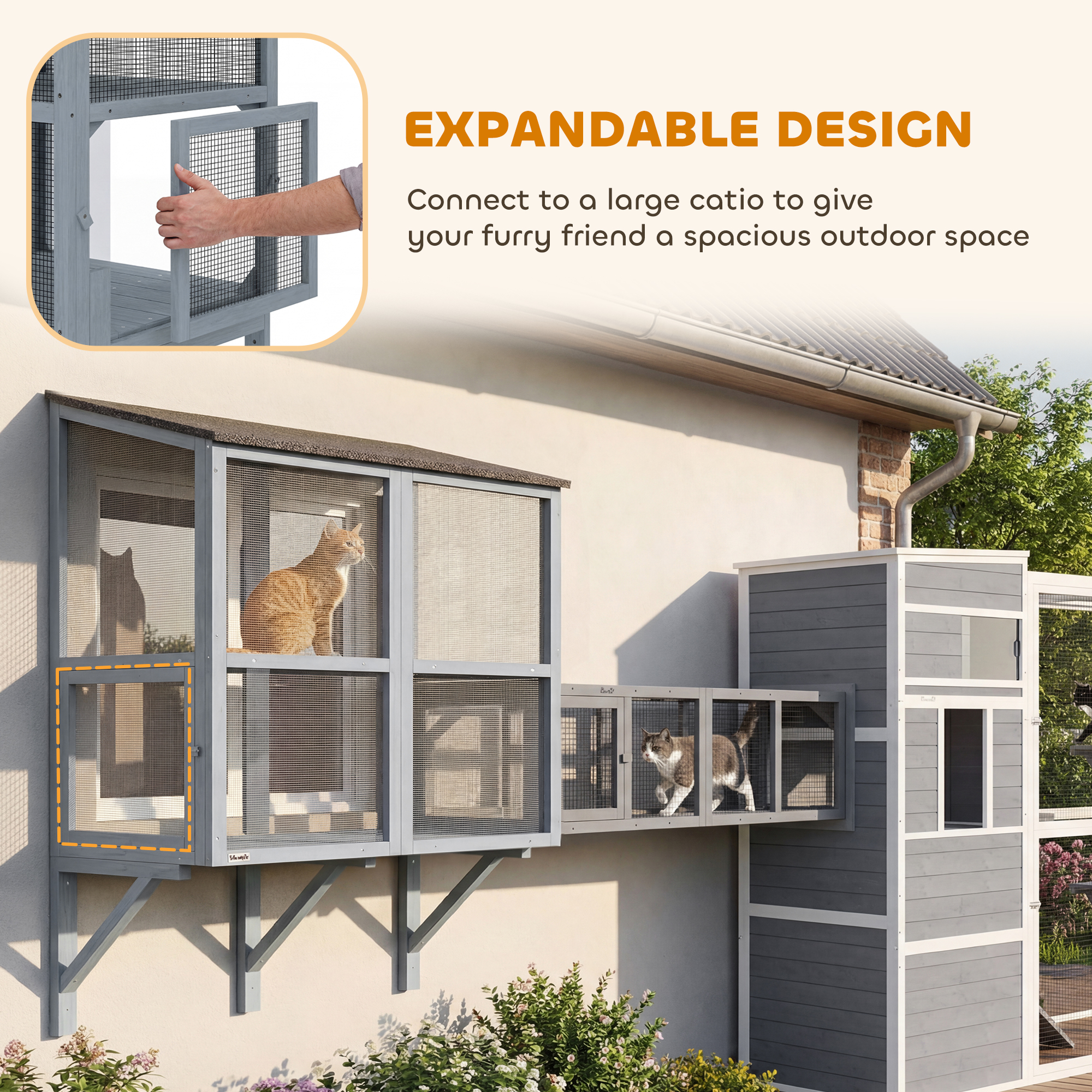 Catio Outdoor Cat Enclosure Wall-Mounted 2-Level Outdoor Cat House with Waterproof Roof 51.2" Grey