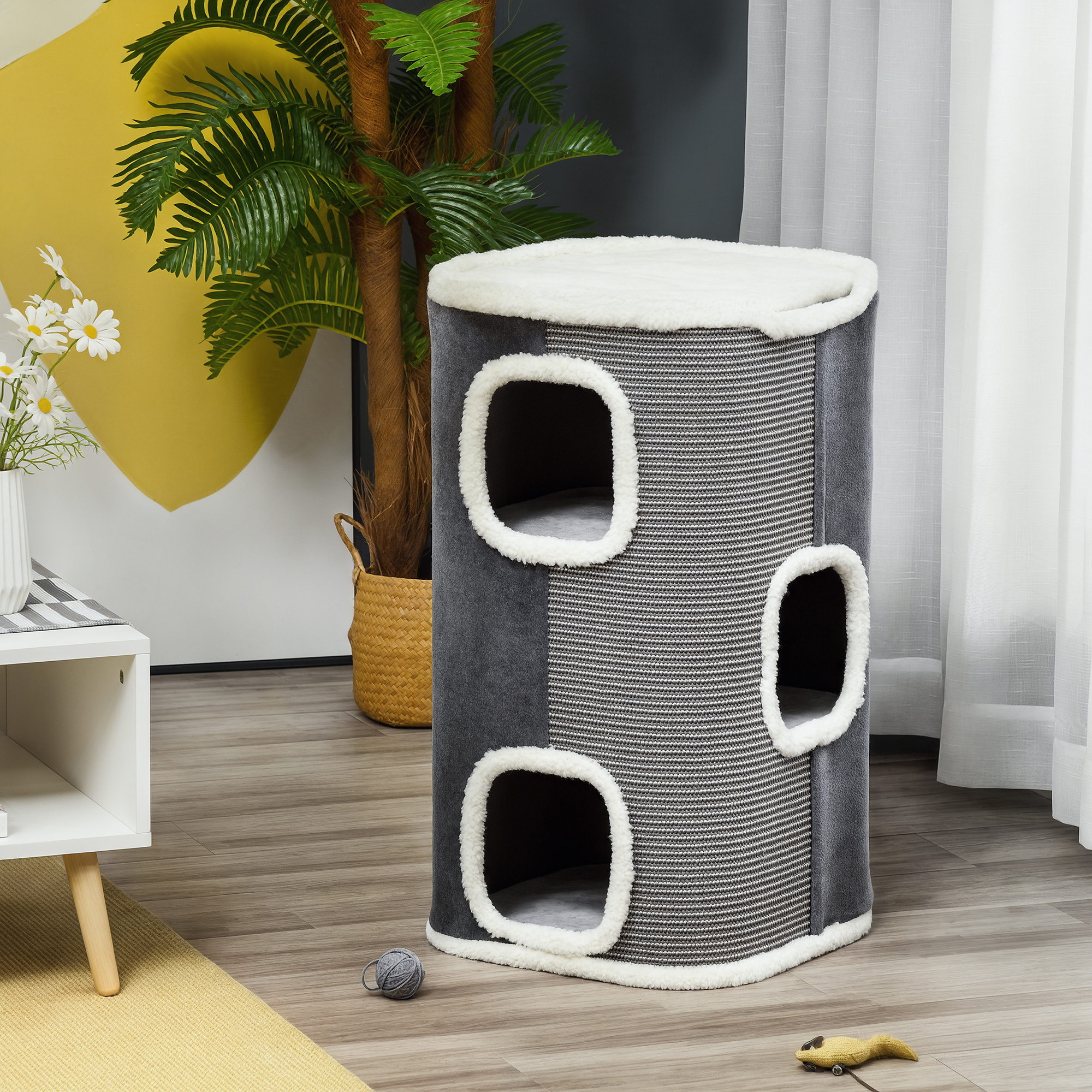 4-Story Cat House for Indoor, Cat Condo with Sisal Scratching Surface, Removable Cushion, 16" x 16" x 29", Grey