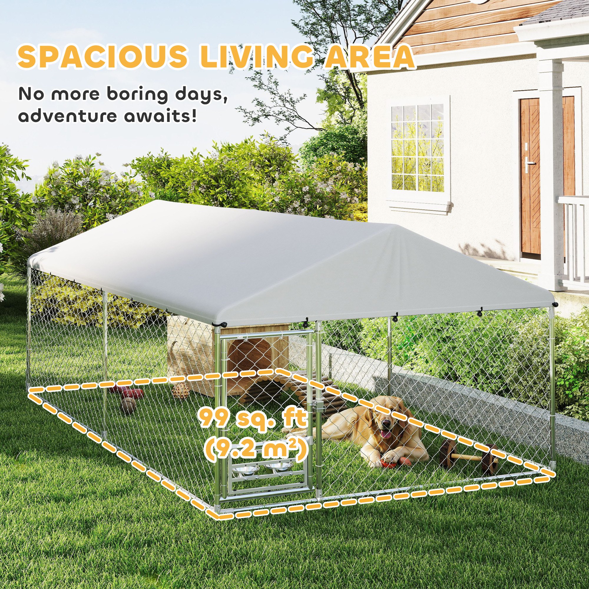 Outdoor Dog Run w/ Adjustable & Rotating Bowls, Water-Resistant UV-Resistant Cover, Secure Lock, 13.1' x 7.5' x 5.2'