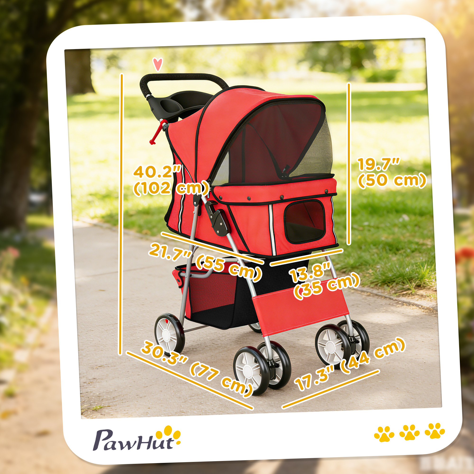 Pet Stroller with Reflective Strips, Foldable Cat Stroller with 360° Swivel Wheels for Small Dogs and Cats, Red