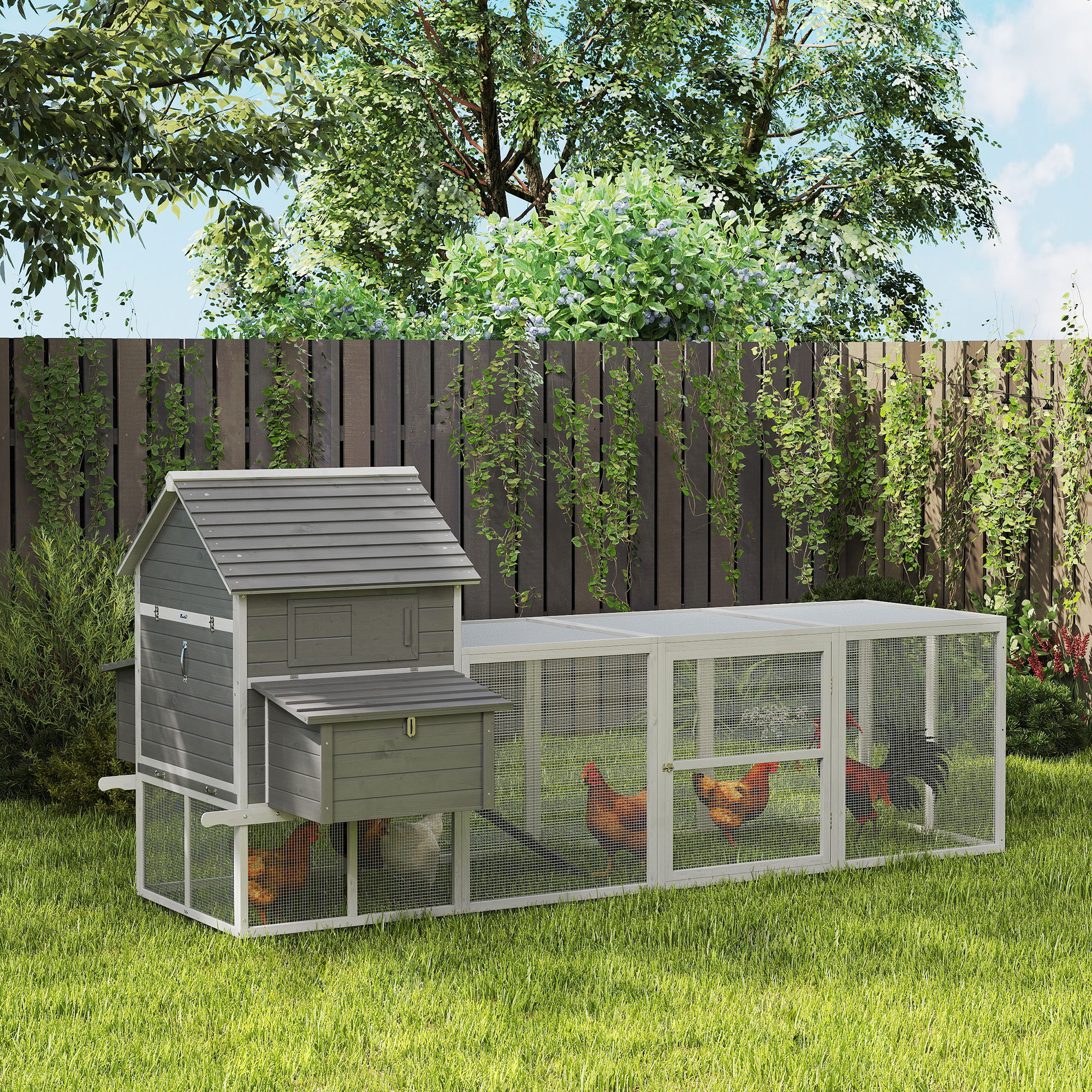 Wooden Chicken Coop with Nesting Boxes, Run, Doors, Tray, Ramp for 4-6 Chickens