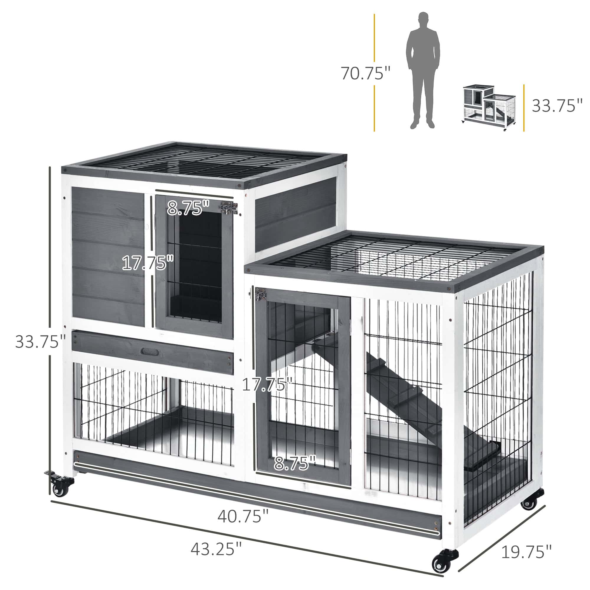 Wooden Rabbit Hutch, Indoor Bunny Cage with Wheels, Pull Out Trays, Run, Grey