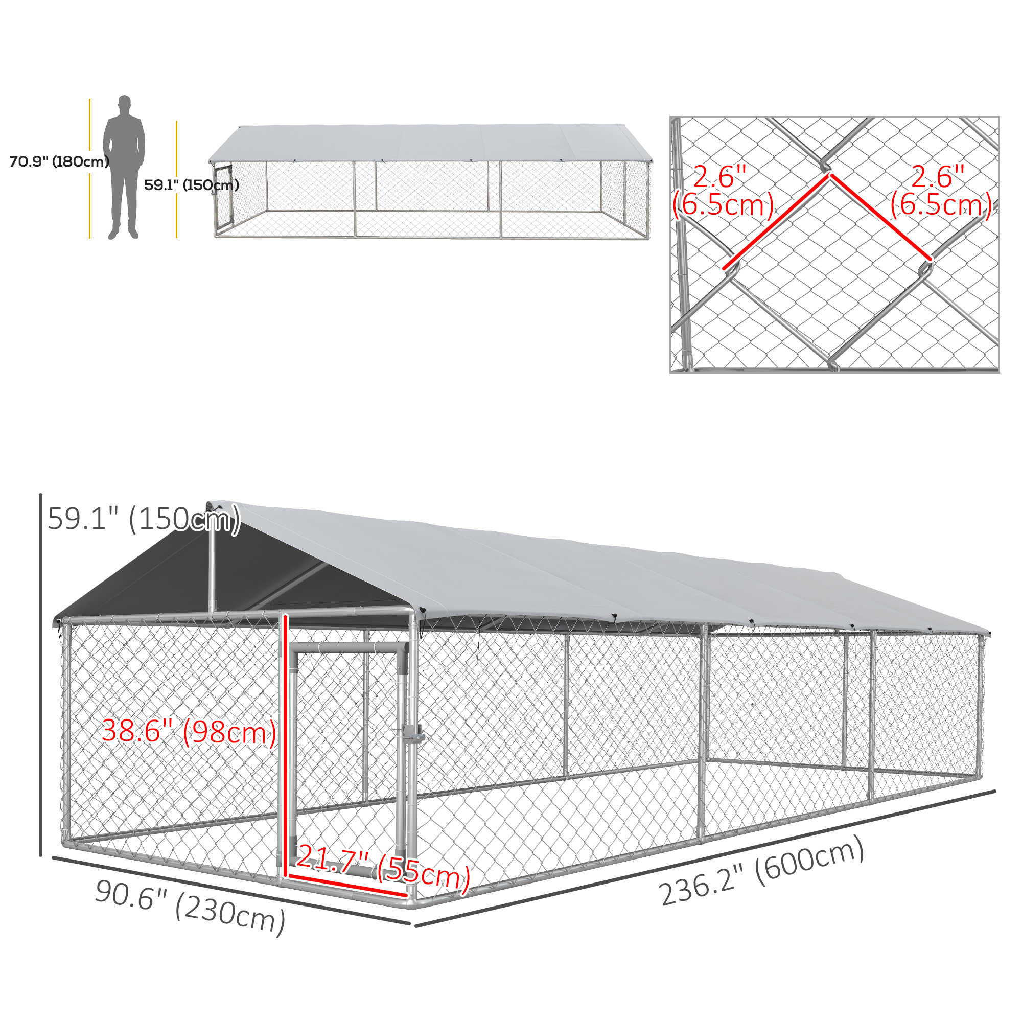 19.7' x 7.5' x 4.9' Outdoor Dog Kennel Weatherproof Play Run for Medium Gentle Dogs with UV & Waterproof Cover, Silver