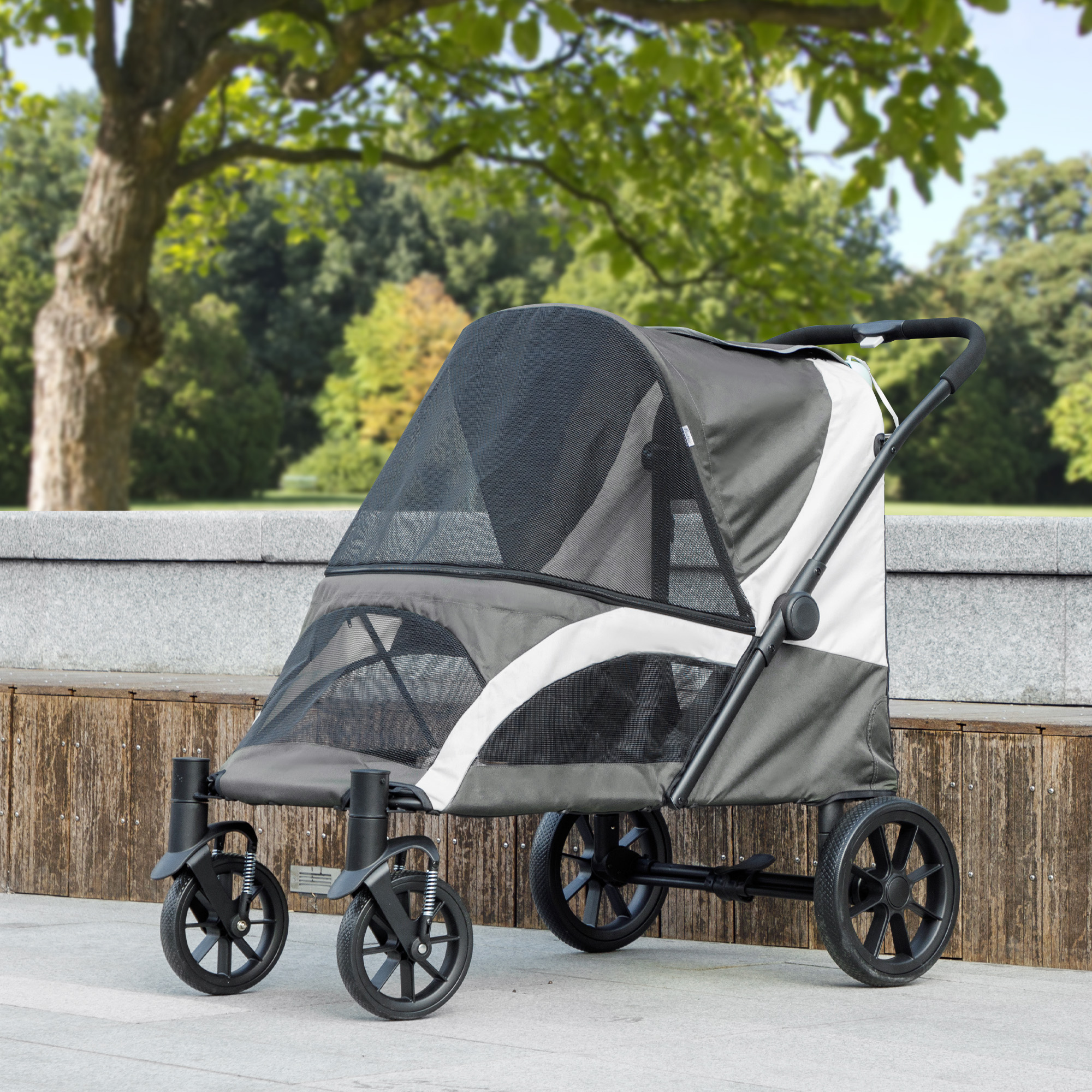 Foldable Pet Stroller for Medium Dogs with Four Big Wheels, Shock-Absorbing Frame, Safety Leashes, Brakes, Dark Grey