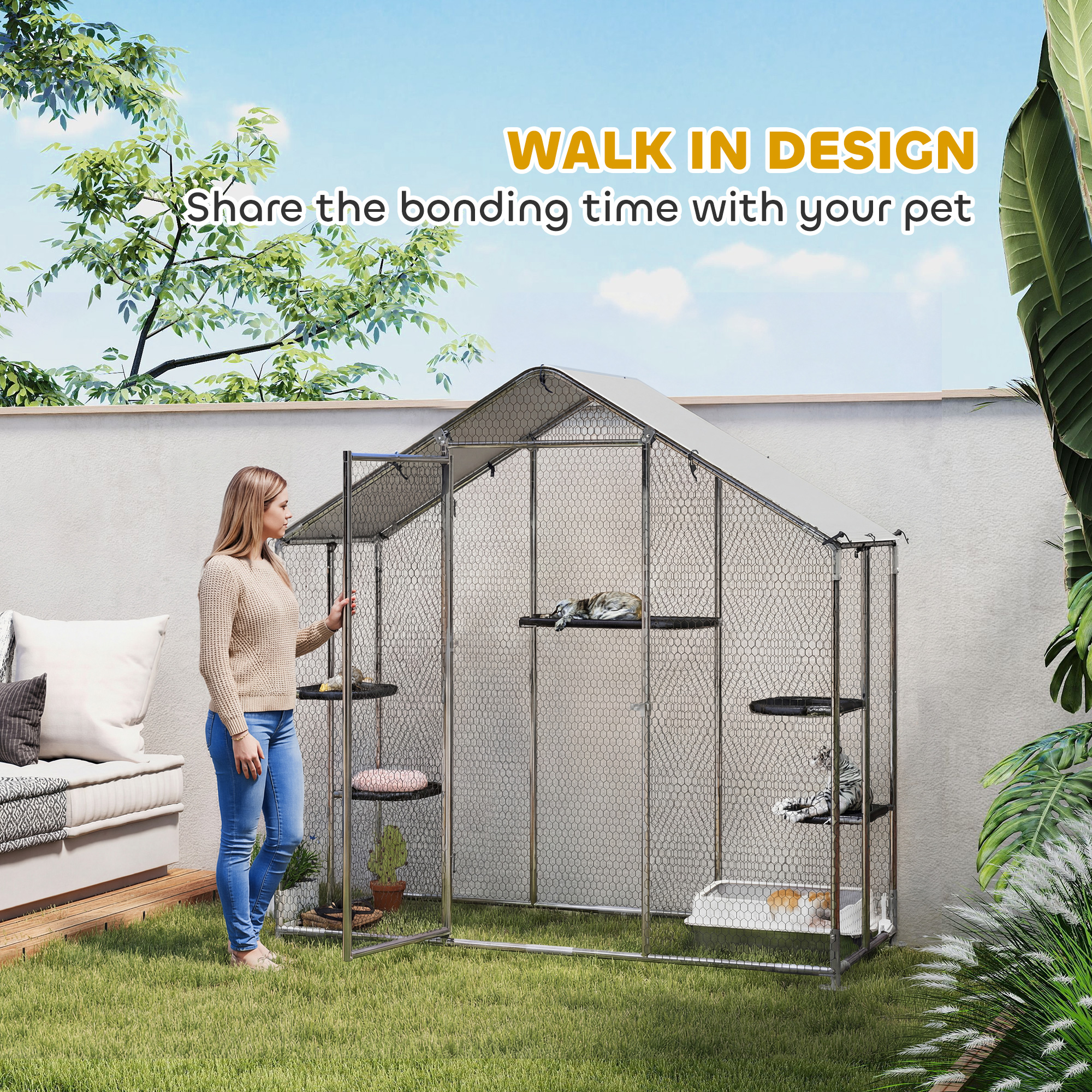 Large Catio Outdoor Cat Enclosure with Waterproof Cover, Walk-in Cat Patio w/ 5 Adjustable Platforms & Hammock 79" W