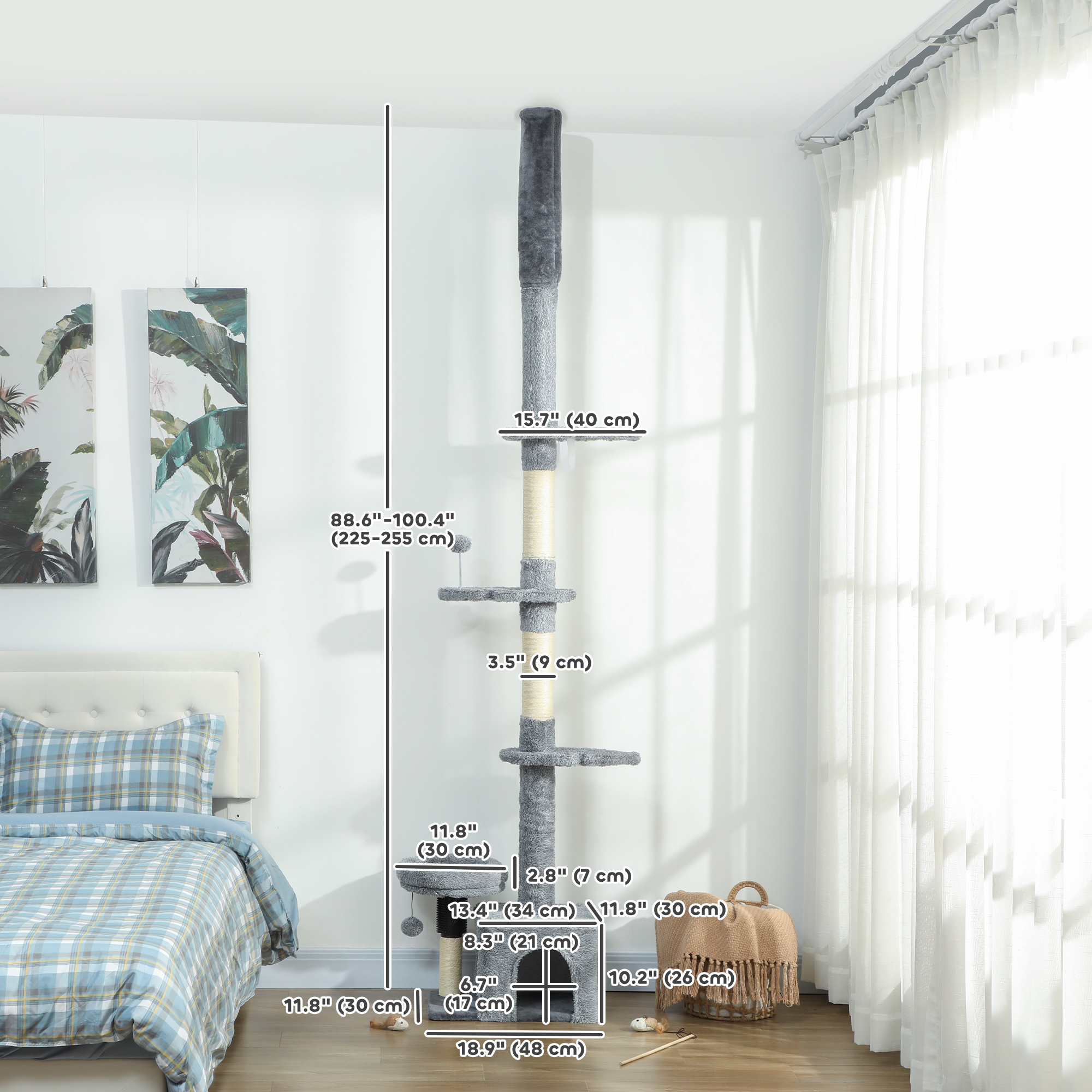 Floor to Ceiling Cat Tree, 4 Tiers Tall Kitty Climbing Tower with Scratching Post, Adjustable Height 87-100"