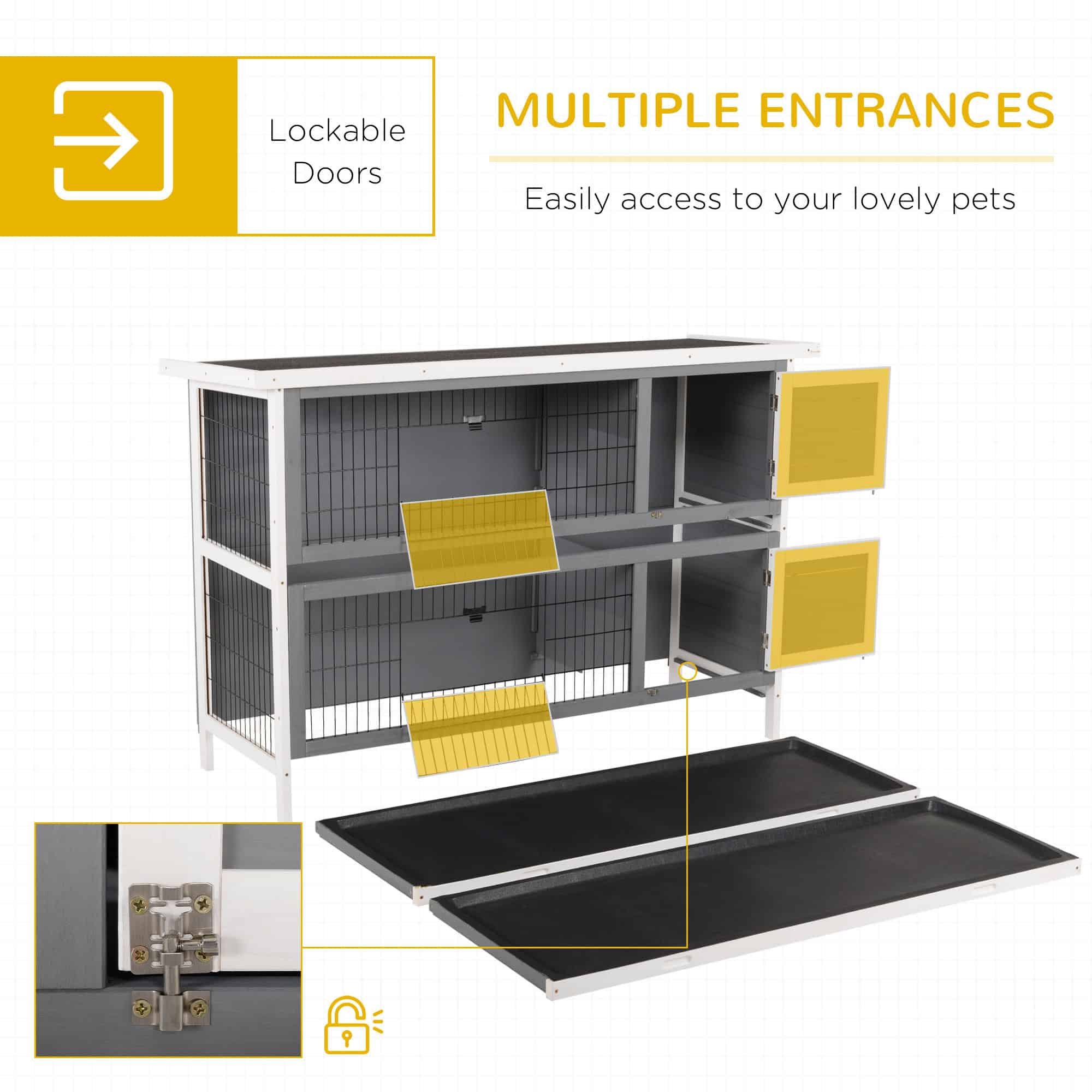 2 Tier Wooden Rabbit Hutch Bunny Pet House Wooden Coop Run, Grey