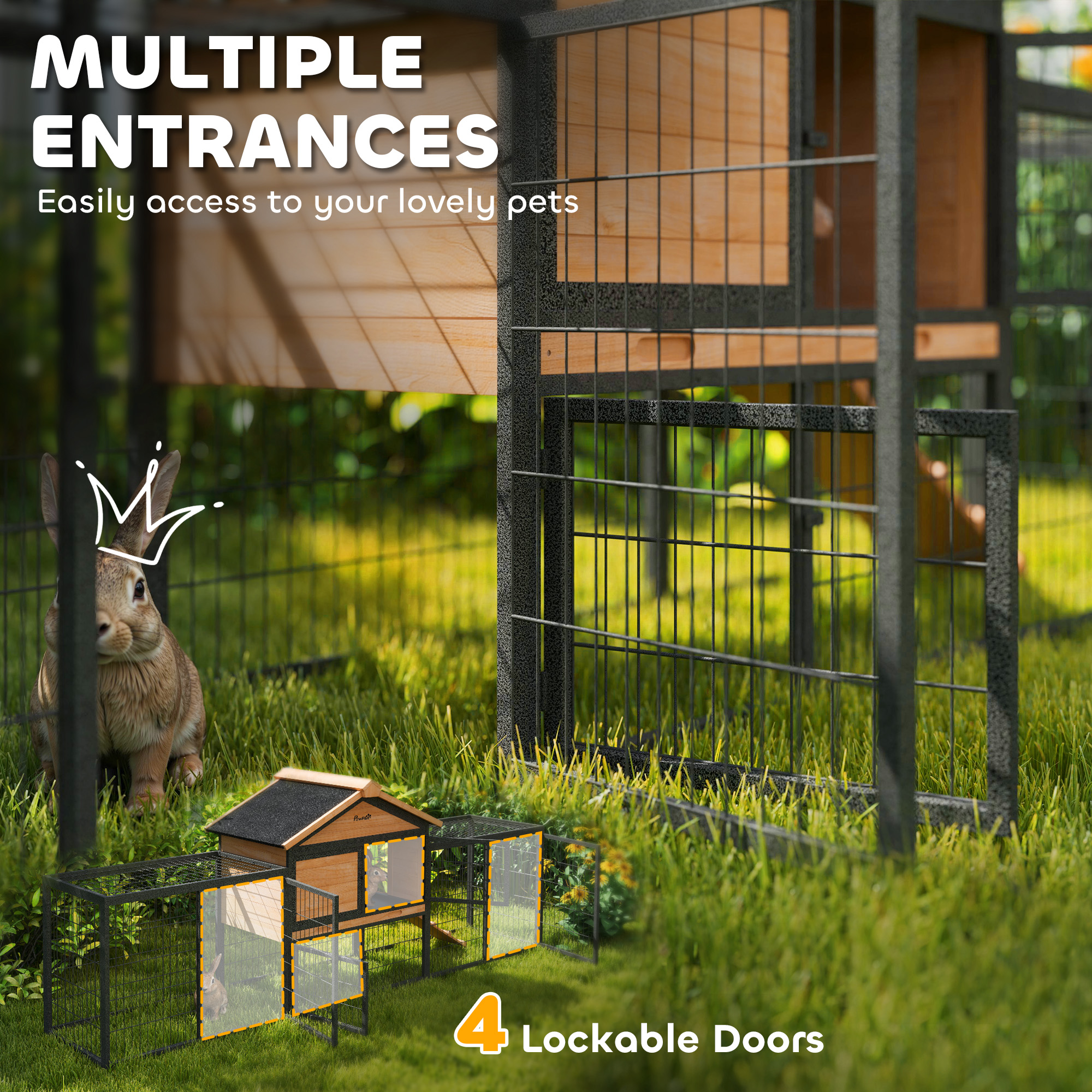 Rabbit Hutch Outdoor, 85"L Large Wooden Bunny Cage with Run Box, Removable Plastic Tray, Asphalt Roof, Ramp, Yellow