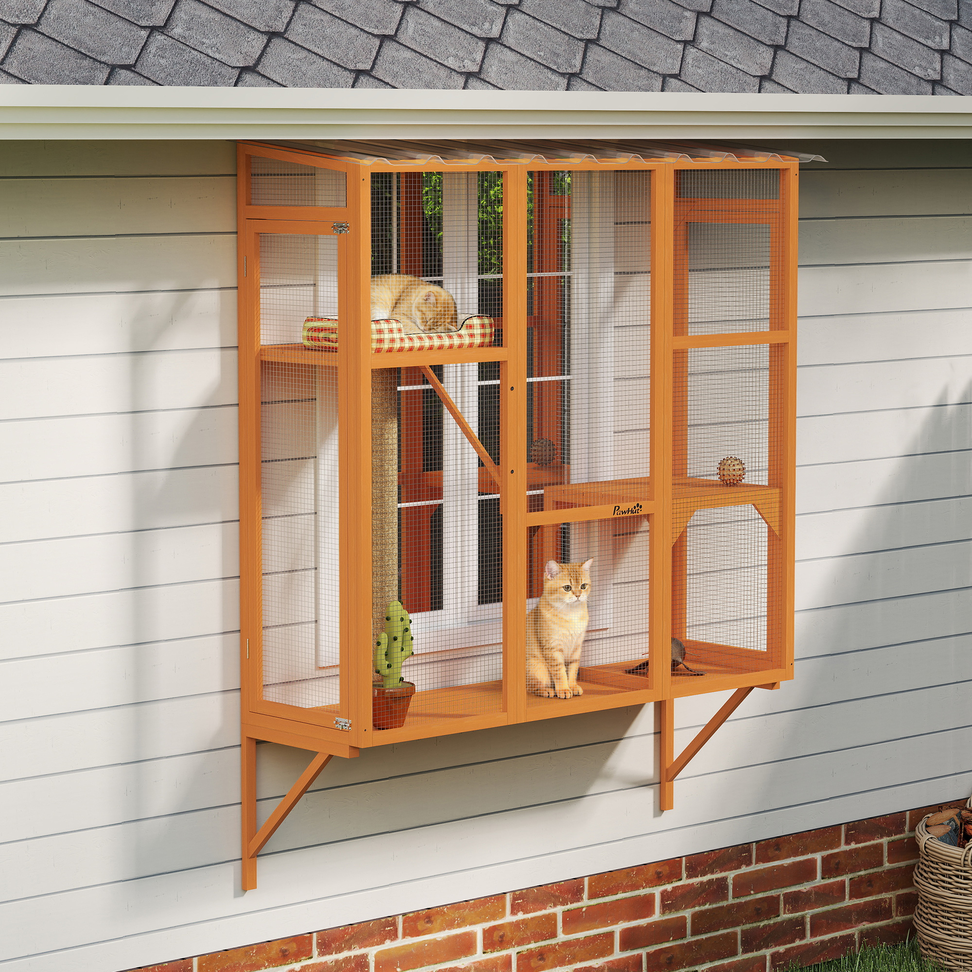 Wooden Catio Outdoor, Cat Window Box Enclosure for 2-3 Large Cats with 2 Jumping Platforms & Scratching Post, Orange
