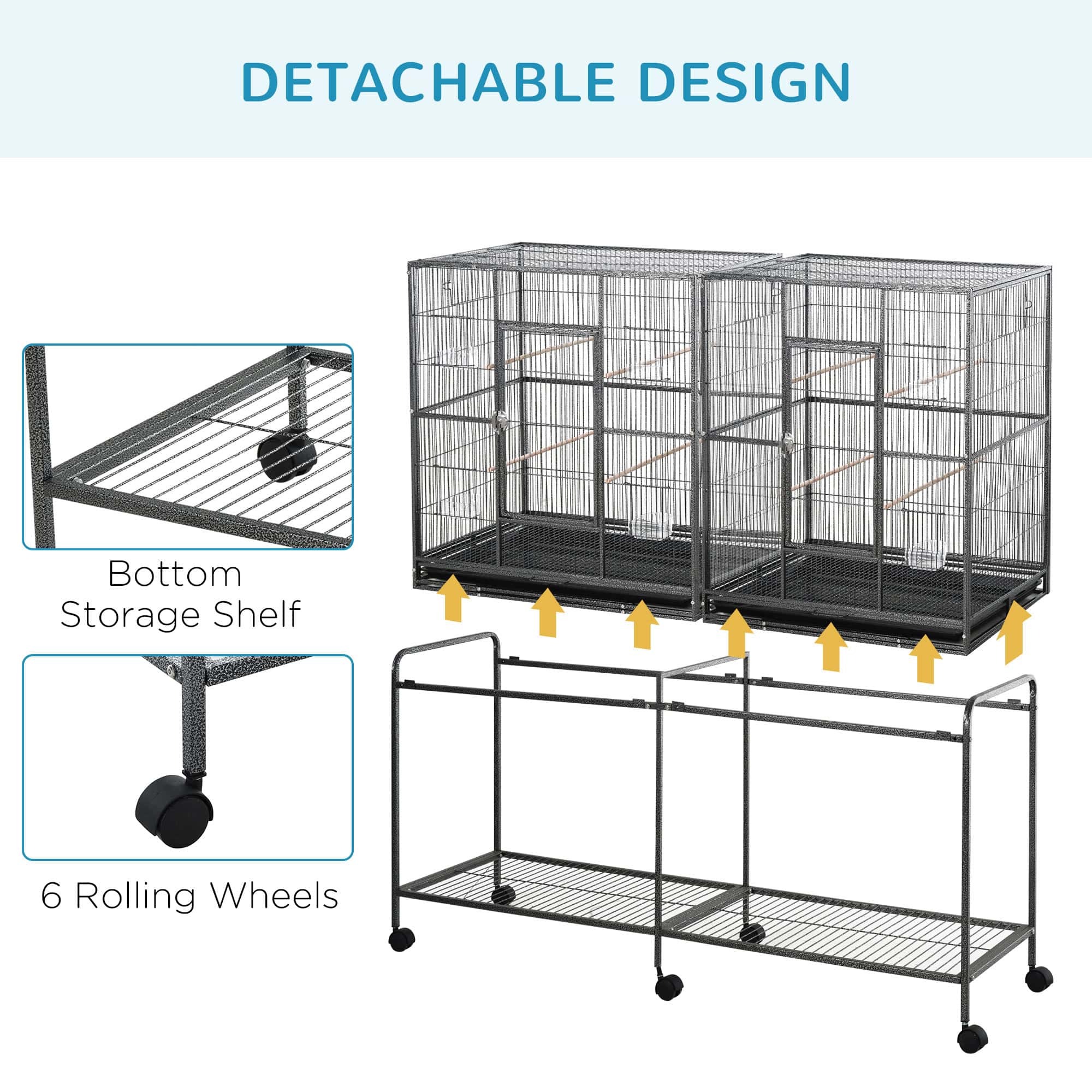 64" Extra Large Bird Cage, Rolling Metal Parrot Cage, Bird House with Detachable Rolling Stand, Storage Shelf, Wood Perch, Food Container, 62.8" x 18.9" x 64.2", Black