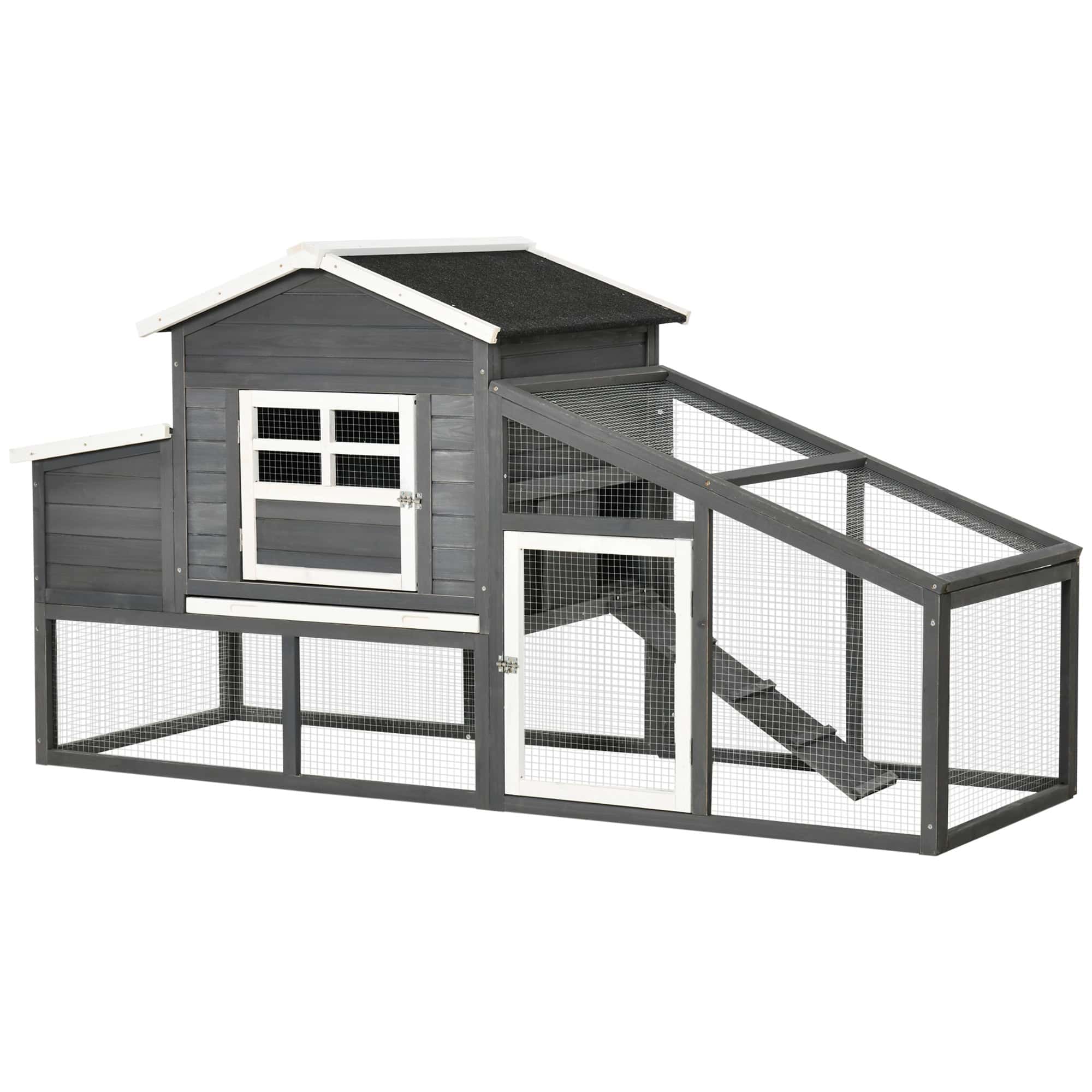 79" Wooden Chicken Coop, Outdoor Hen House, Poultry Habitat with Removable Tray, Nesting Box, Run, Ramp, Grey
