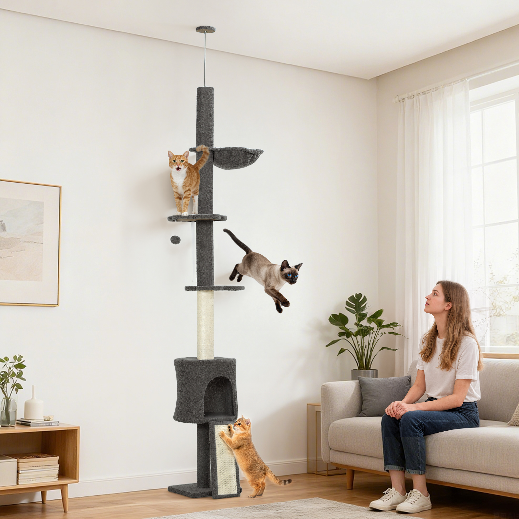 87"-94.5" Floor to Ceiling Cat Tree with Sisal Scratching Post, Condo, Hammock, Ramp, Perches, Dark Grey