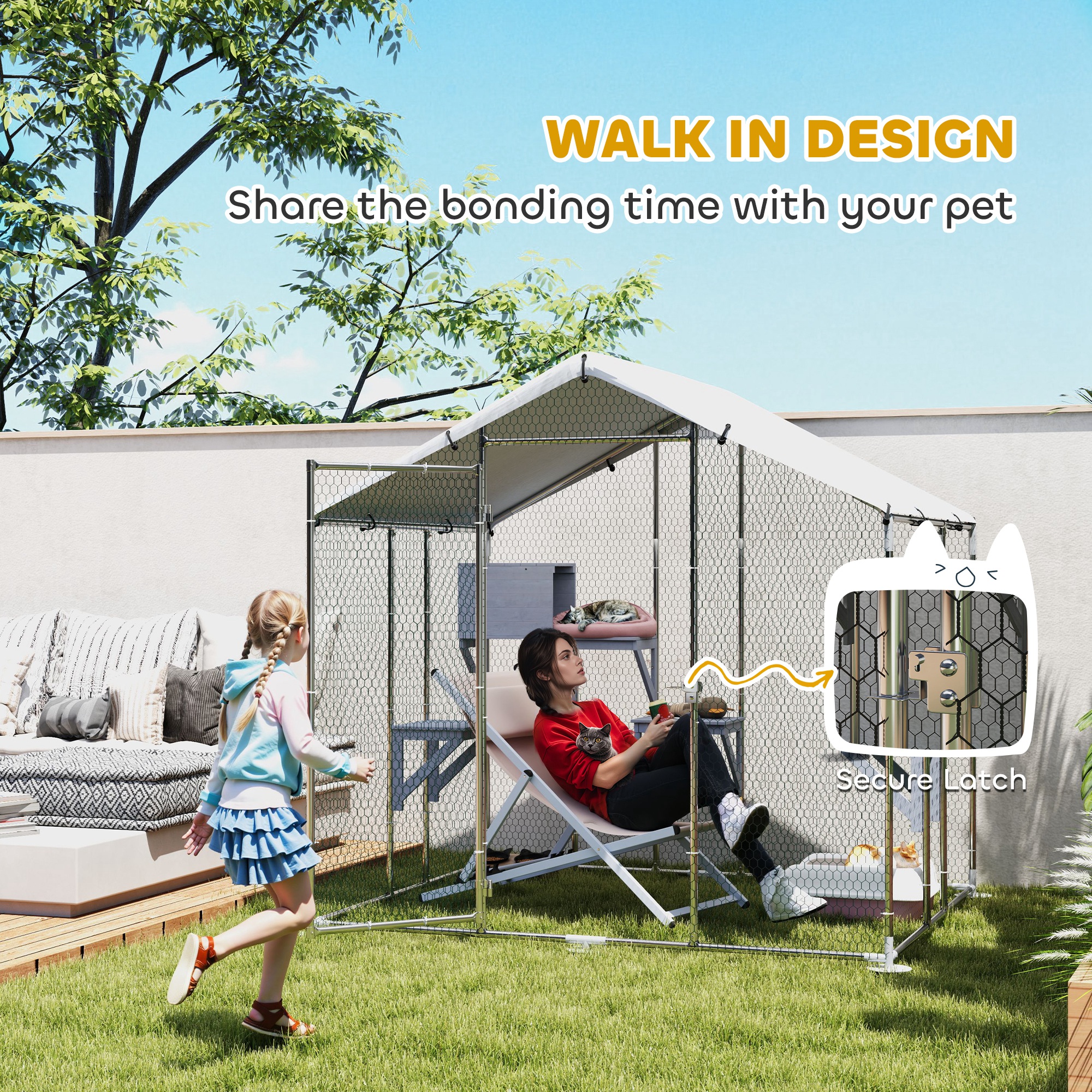 79" Extra Large Metal Outdoor Catio with Waterproof Cover, Resting Box, 4 Platforms, for Multiple Rabbits, Chicken