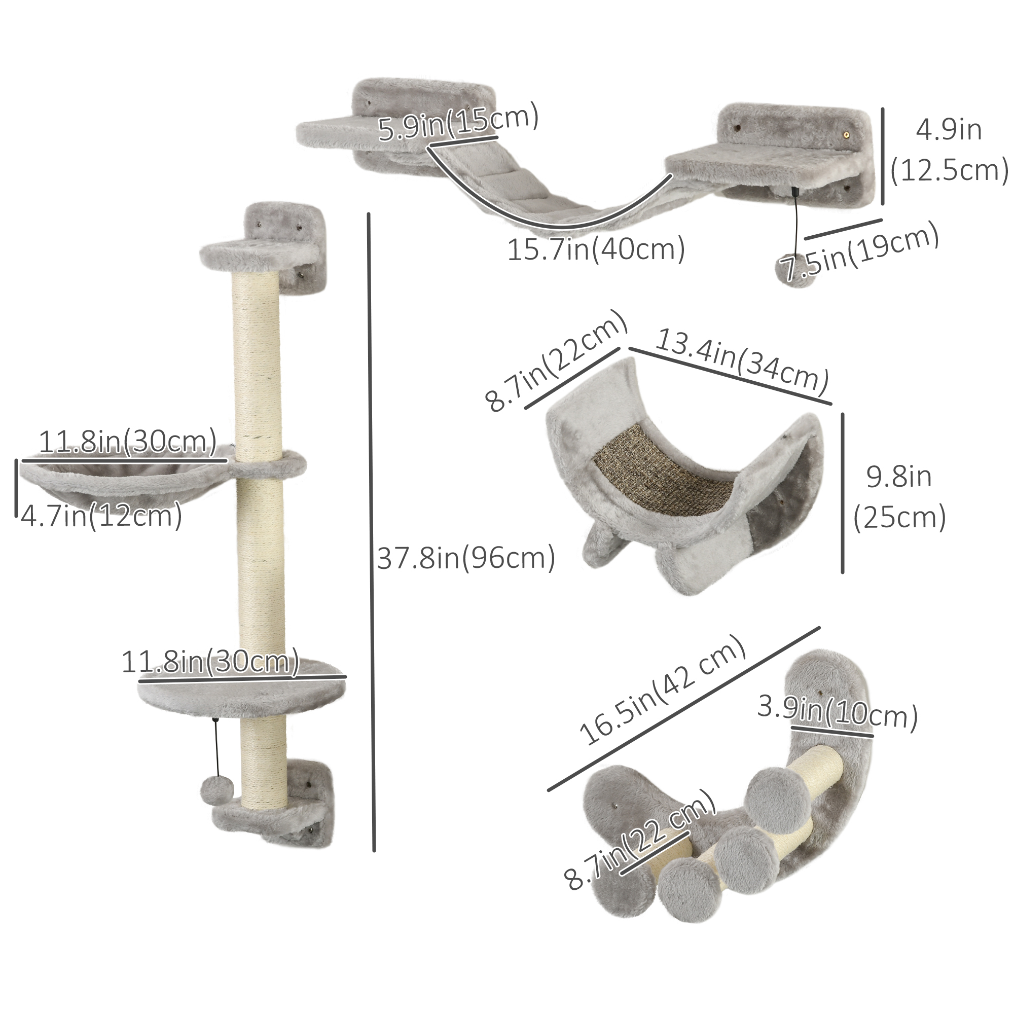 4Pcs Cat Wall Shelf with Scratching Post, Cat Wall Shelves for Relaxing, Climbing, Cat Wall With Soft Ladder, Hammock, Play Balls, Grey - Image 3