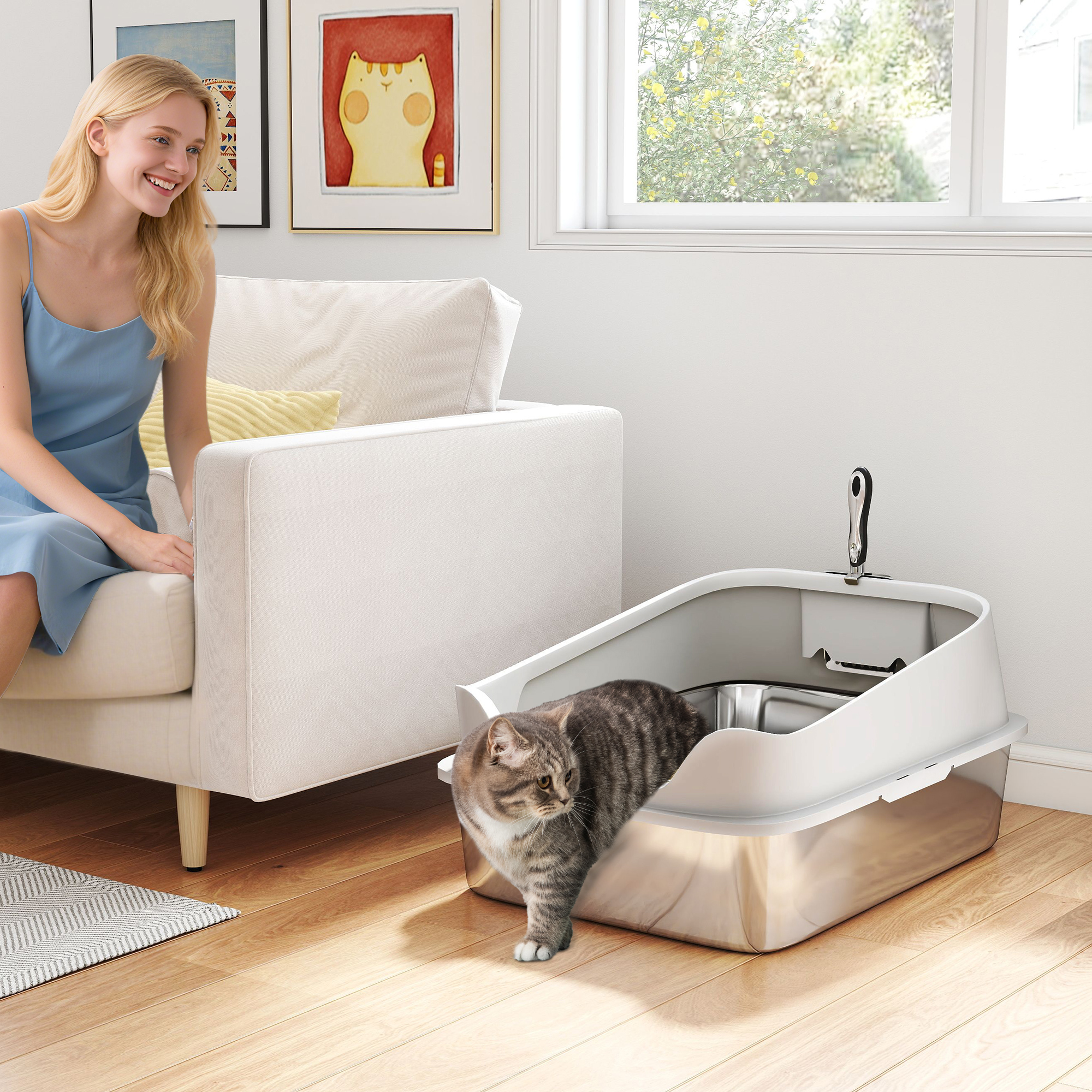 Cat Litter Box Stainless Steel with Metal Litter Scoop, Never Absorbs Odors, Anti Leakage, 24" x 16" x 12", Grey