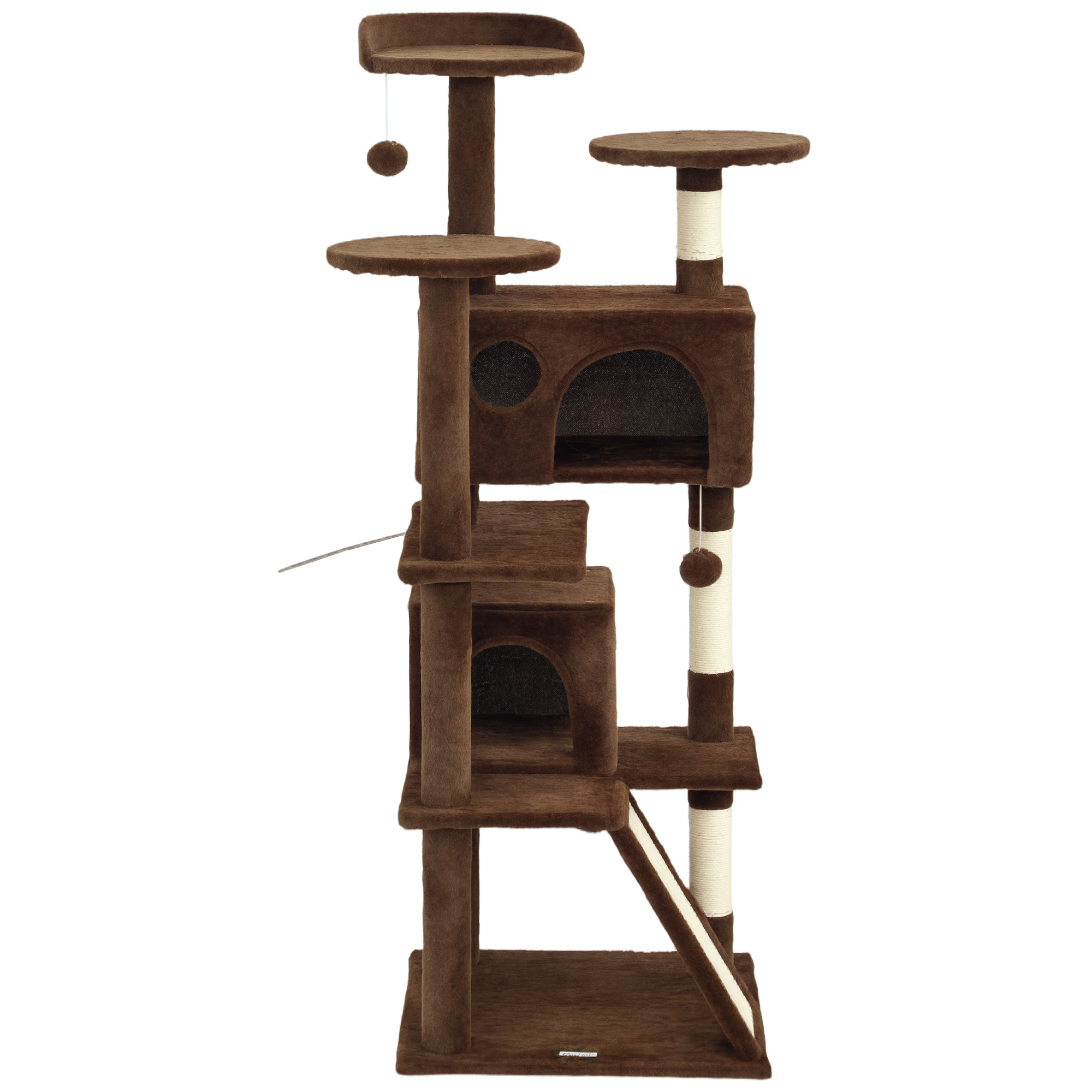 54" Cat Tree, Multi-Level Cat Tower with Scratching Posts, Cat Condos, Bed, Platforms, Ramp, Toy Ball, Light Brown