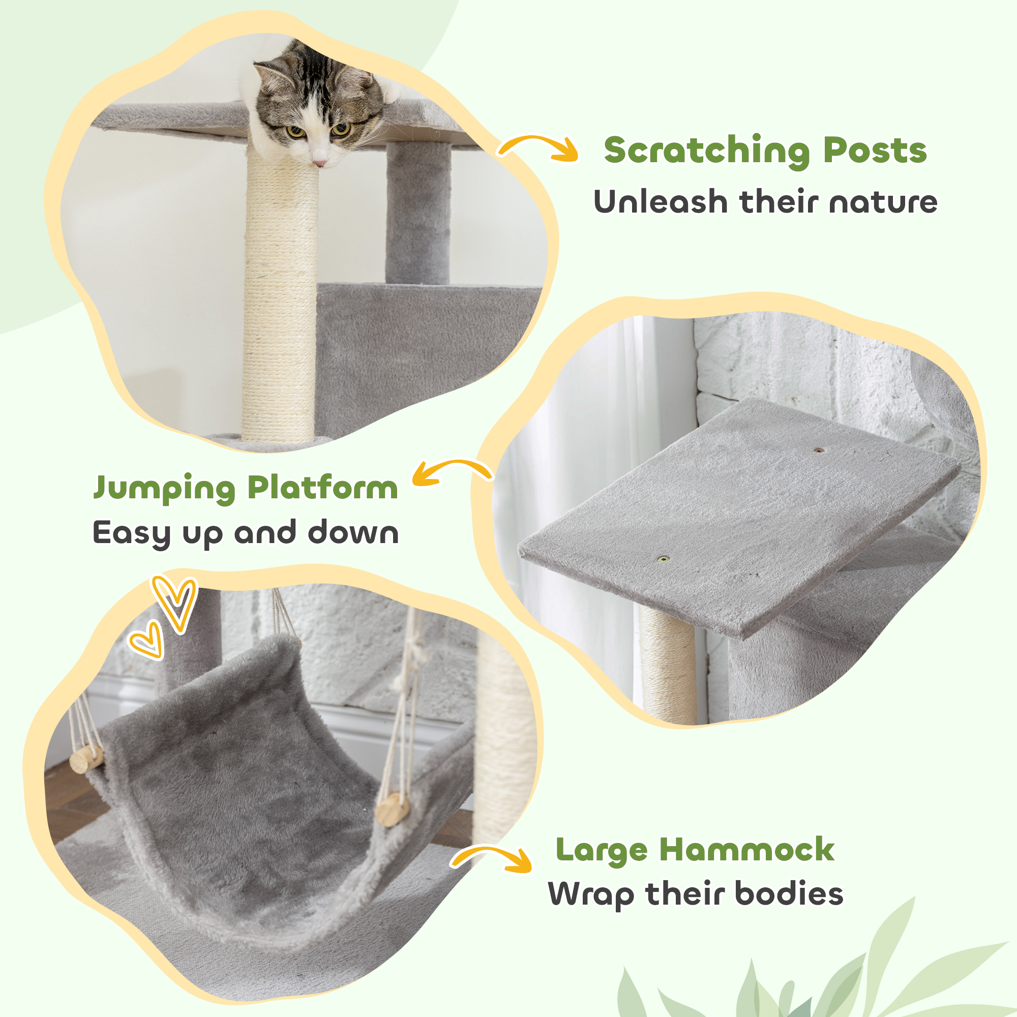 66 Inch Large Cat Tree with 2 Door Condos, 3 Big Hammocks, Plush Top Perch, Sisal Scratching Posts, Light Grey