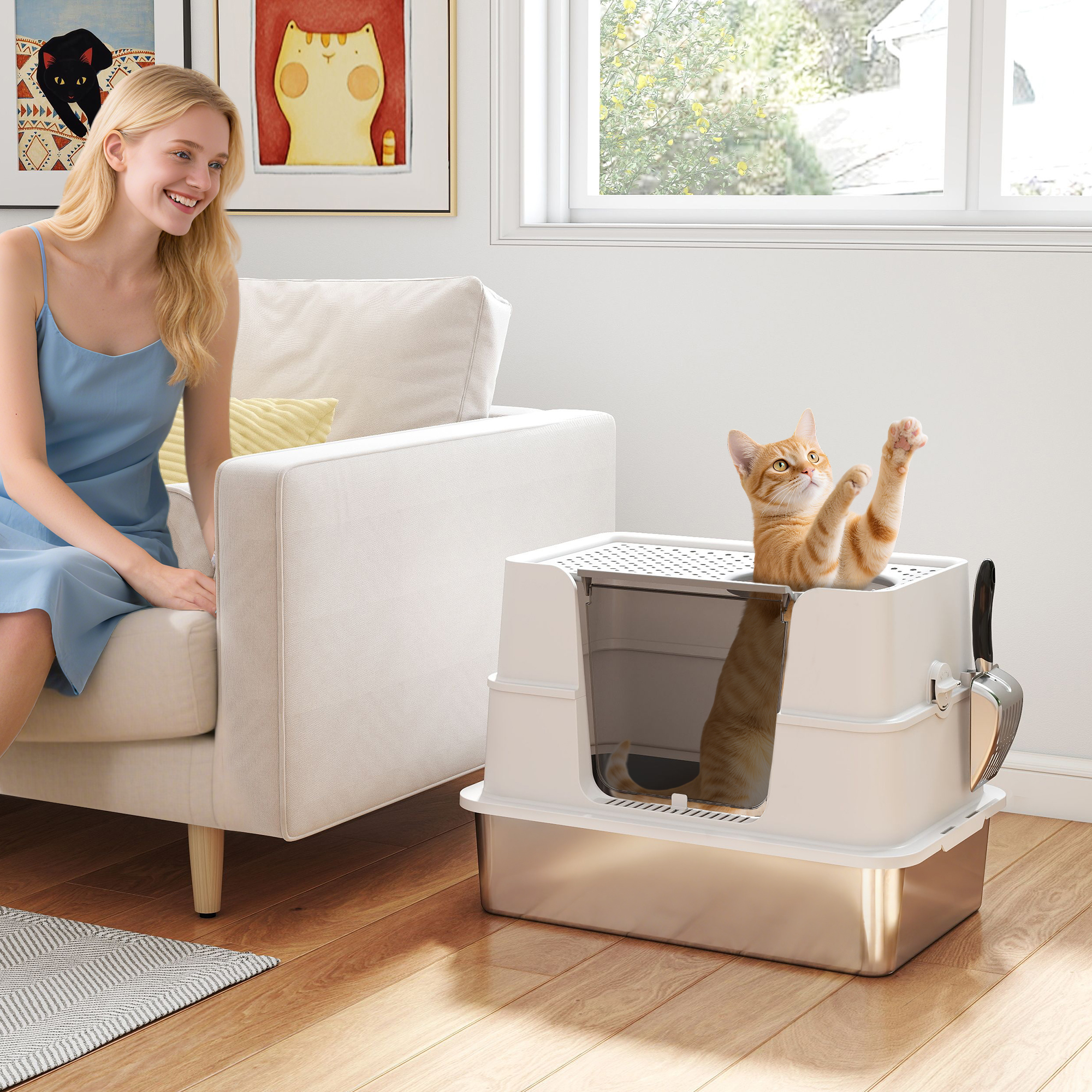 XL Stainless Steel Litter Box w/ 100° Flip Top, Scoop, Side Top Dual Entry, Odor Free, Easy Cleaning, Anti Leakage - Image 8