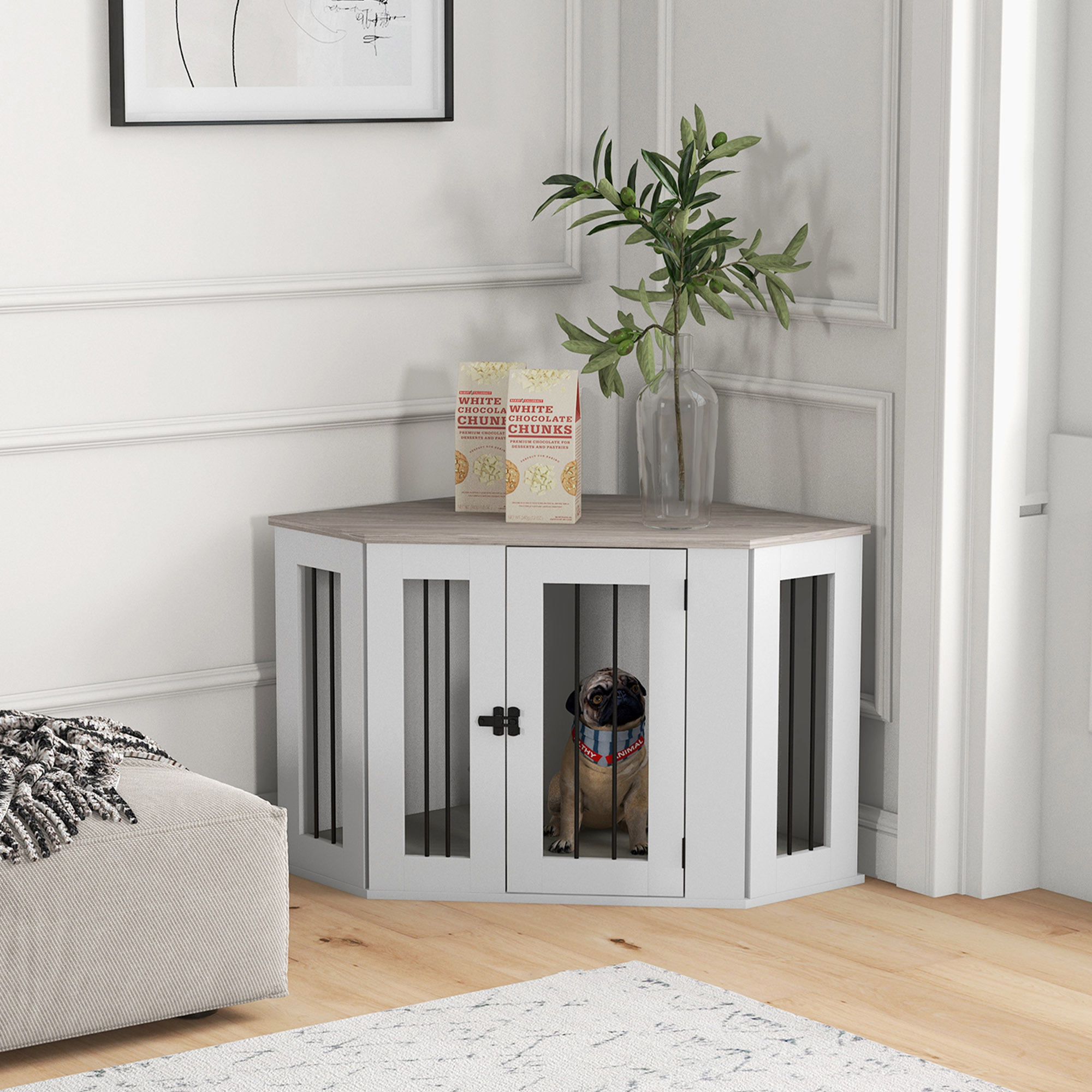 Dog Crate Furniture with Cushion, 41 Inch Corner Design Dog Crate End Table for Medium Dogs, Multi Colour - Image 8