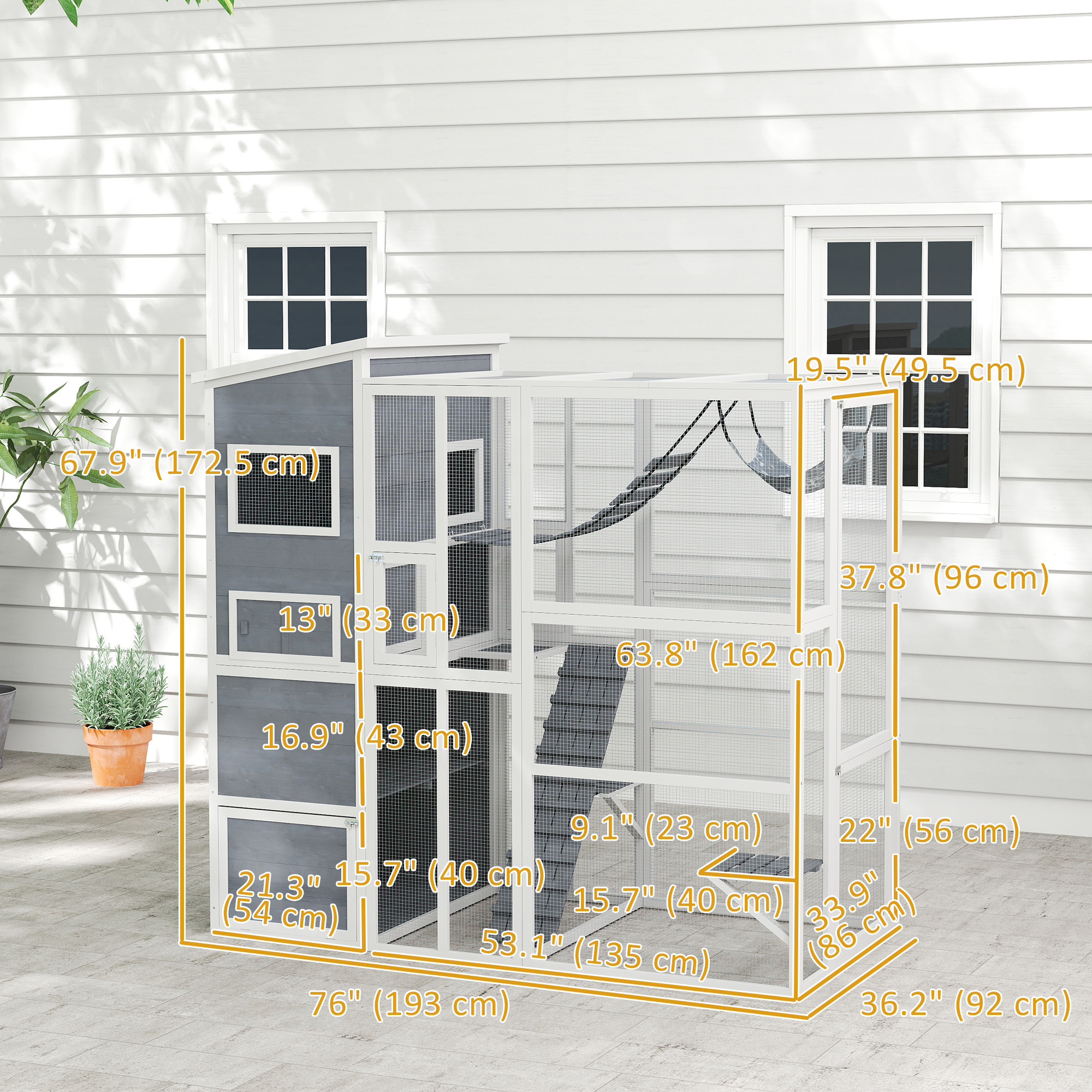 76" Catio Outdoor Cat Enclosure with Cat Condo, Jumping Platforms, Ladder, Ramps, Hammock for 2-3 Indoor Cats, Grey