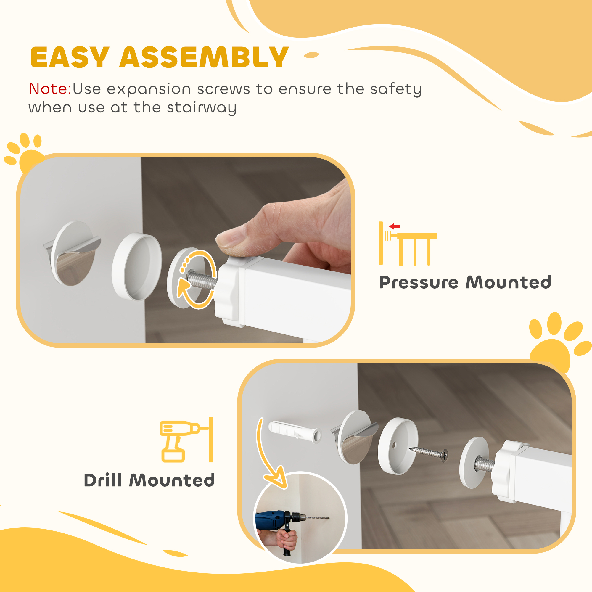 Extra Tall Dog Gate with Door, Pressure Fit, Auto Close, Double Locking for Doorways Hallways Stairs, 29"-37", White