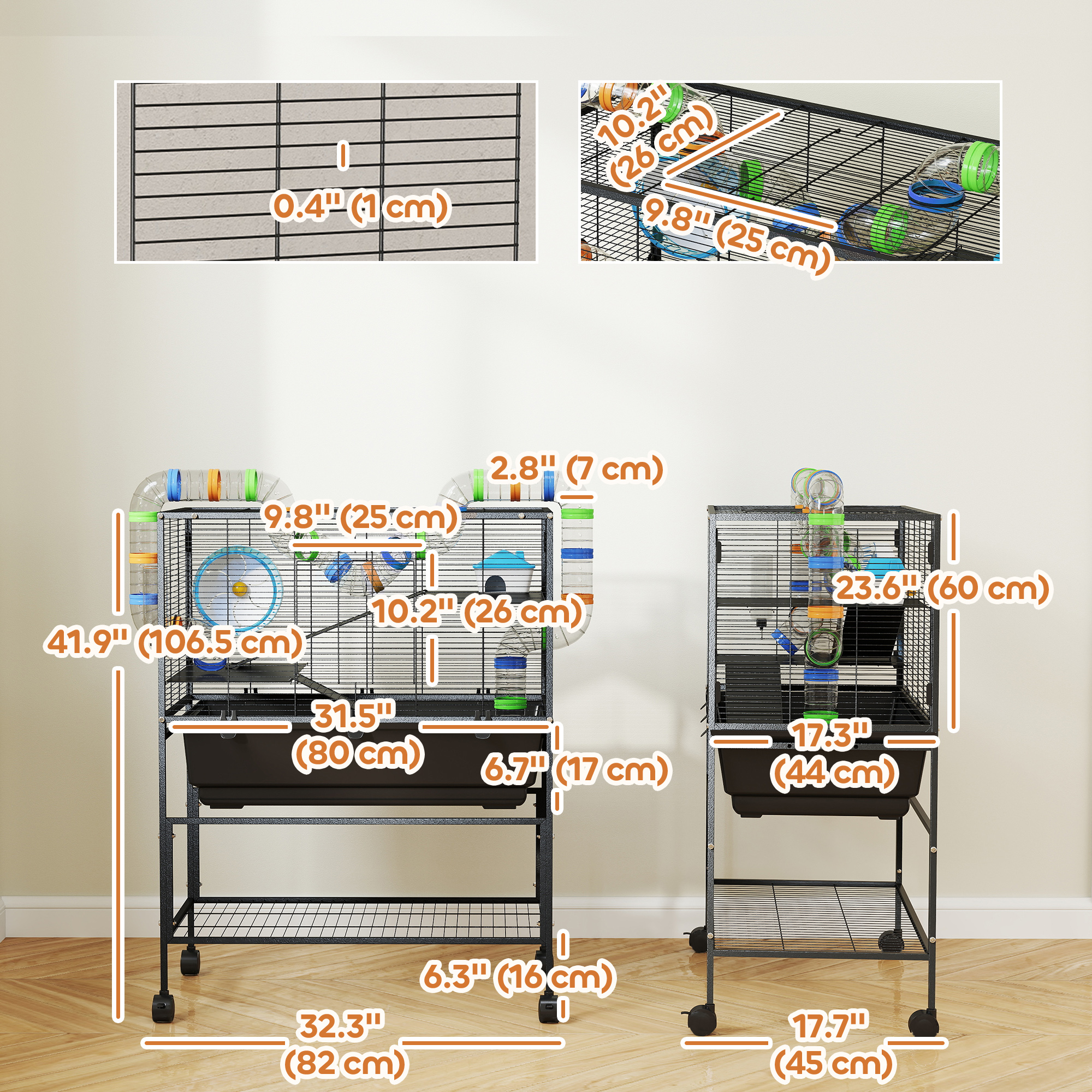 3 Tier Rolling Hamster Cage with 7" Deep Tray, Storage Shelf, Big Exercise Wheel, Tube System, for Syrian, Gerbil, Rat