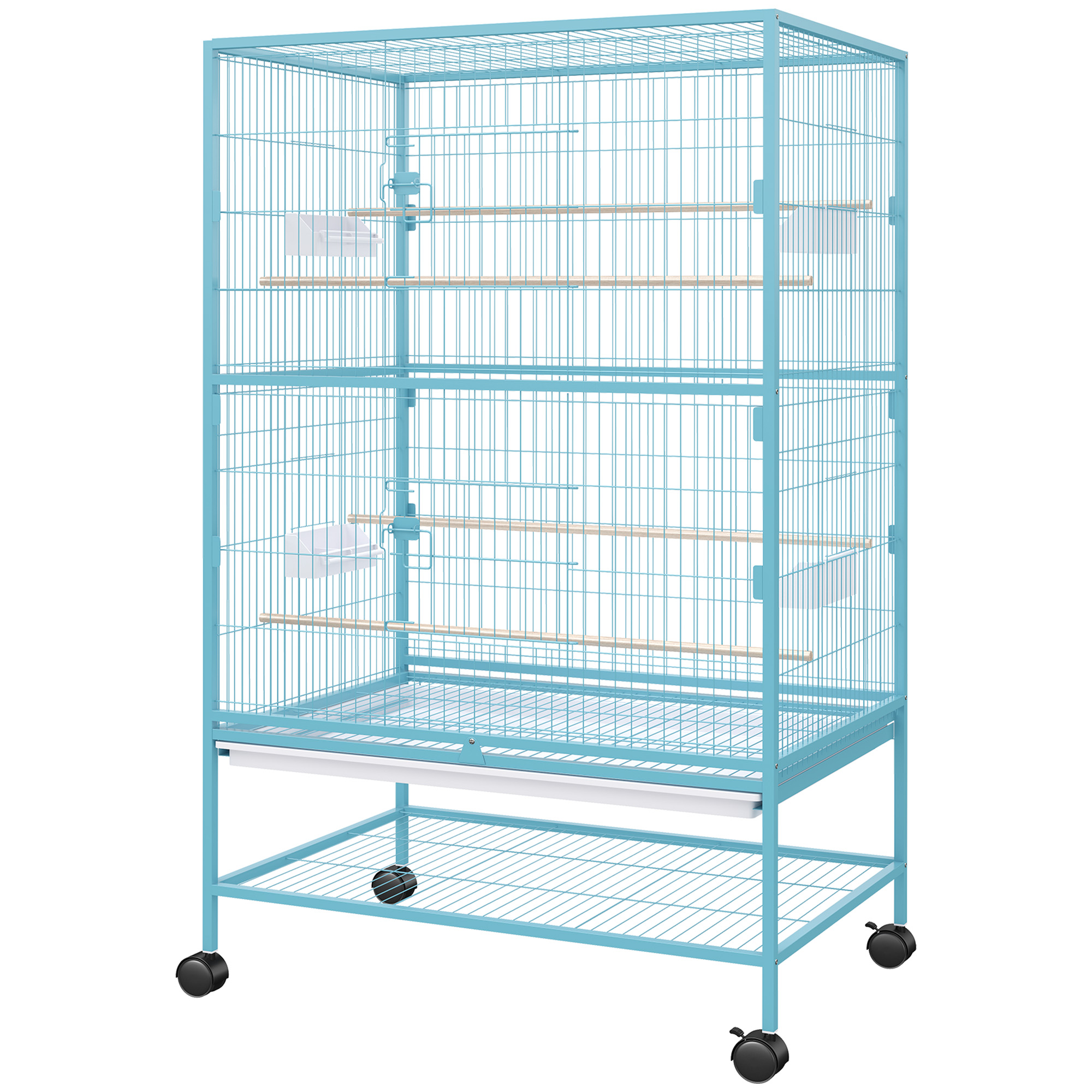 52'' Large Rolling Steel Bird Cage Bird House with Rolling Stand, Storage Shelf, Wood Perch, Food Container, Light Blue