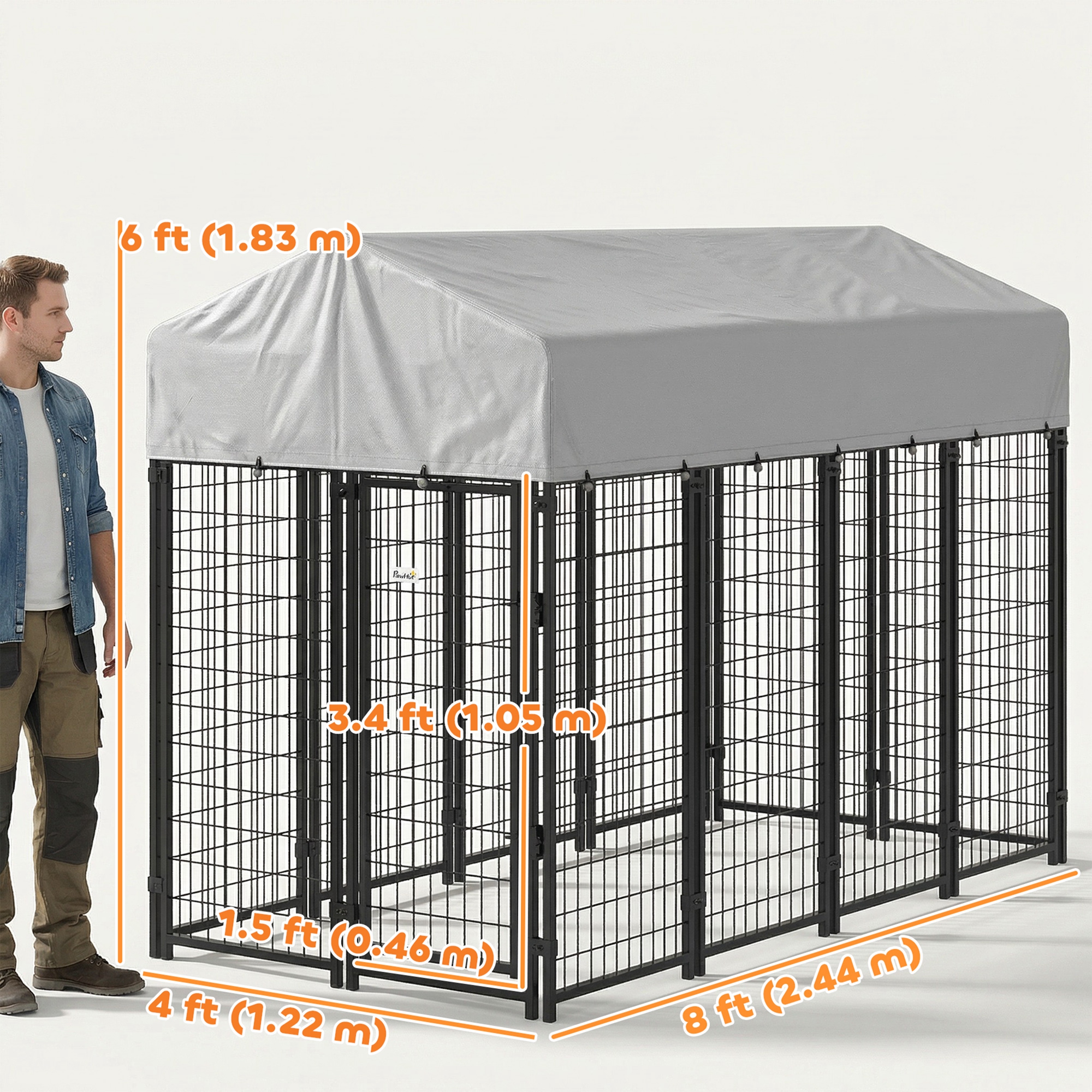 Outdoor Dog Kennel with Roof, 8' x 4' x 6' Heavy Duty Welded Wire Dog Playpen Enclosure with Escape-proof Lock
