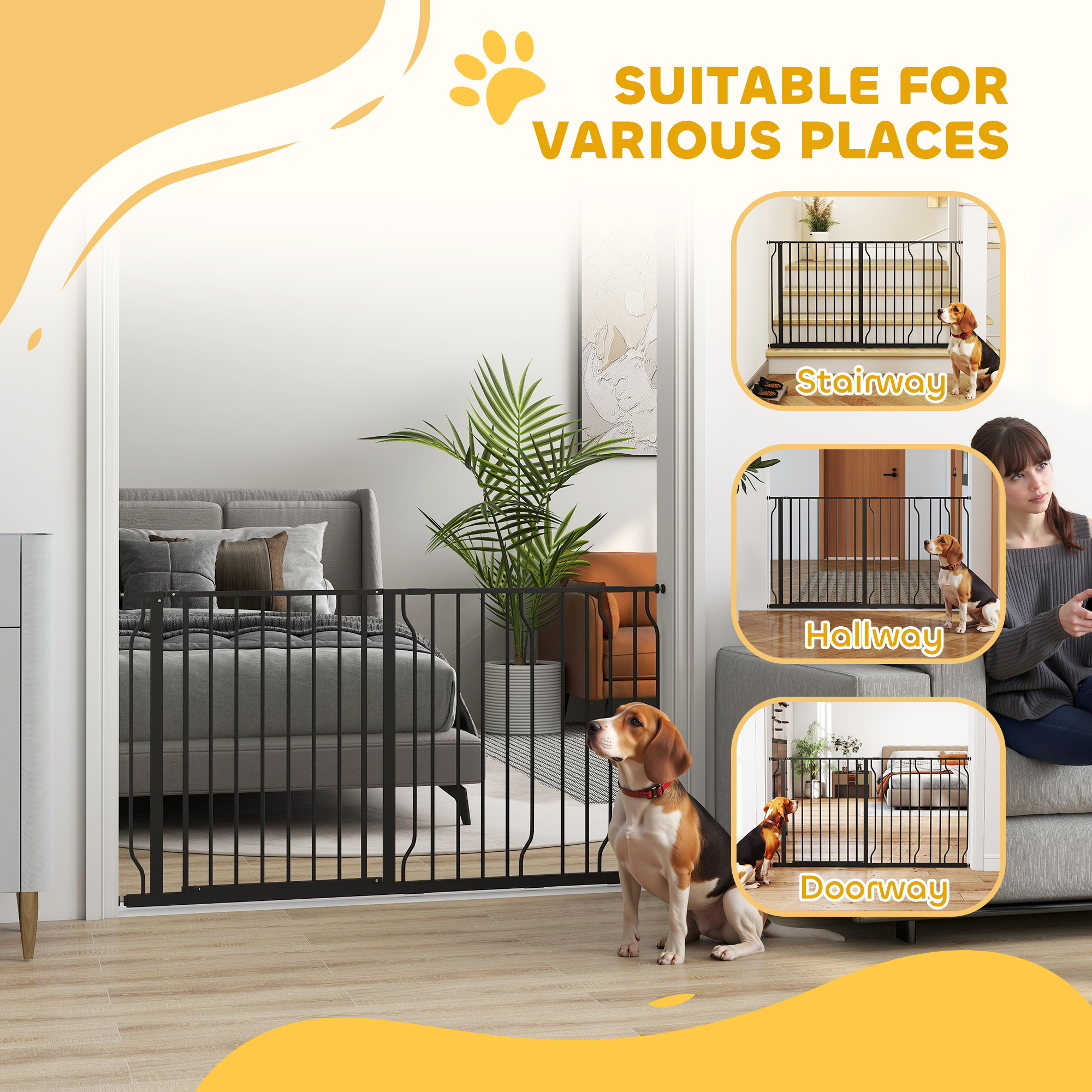 30"- 57" Easy Install Pet Gate w/ Door & Double Locking System, Extra Wide Dog Gate for Stairs, Hallways, Black
