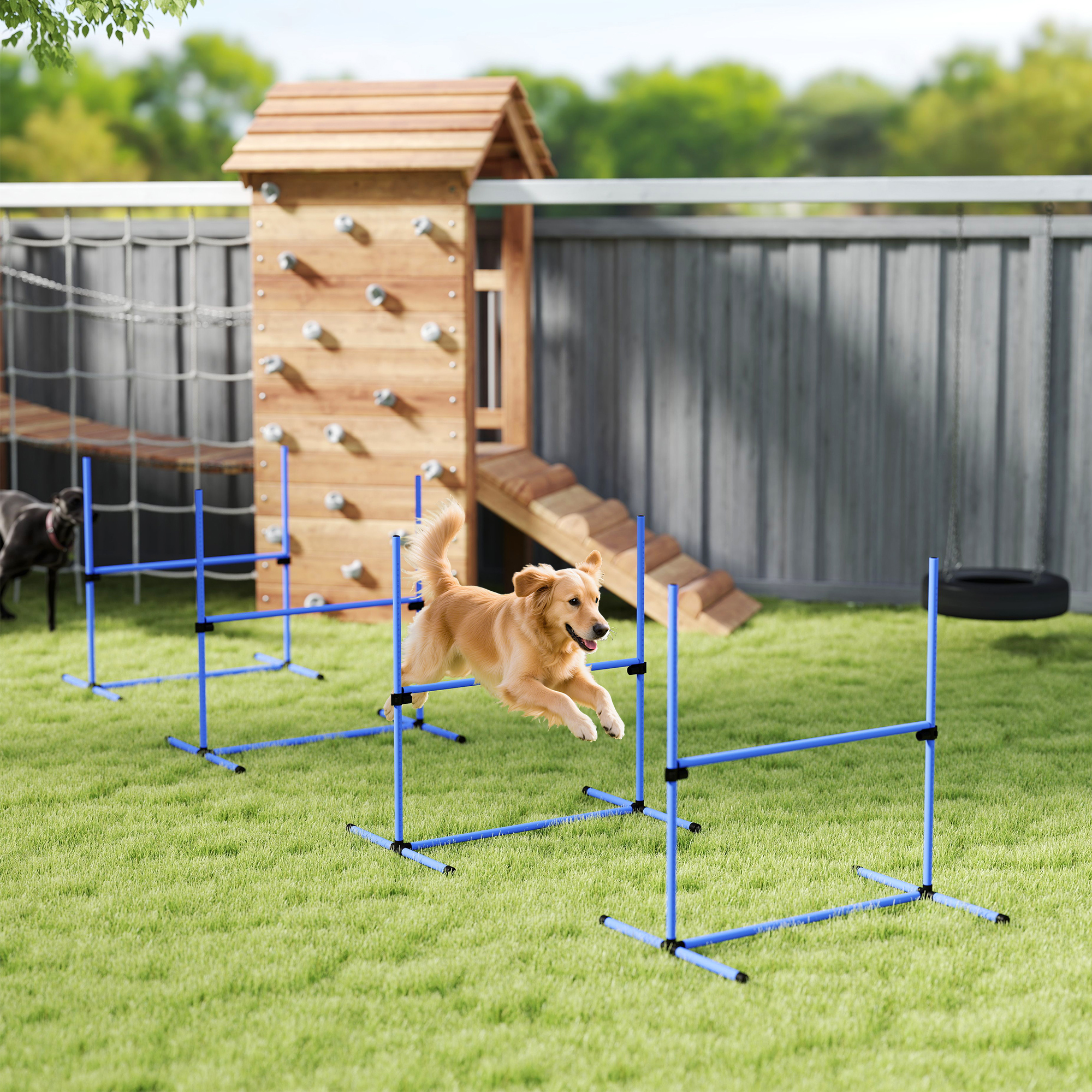 Set of 4 Dog Agility Training Equipment Adjustable Jump Bar Pet Exercise Kit with Carrying Bag (Blue)