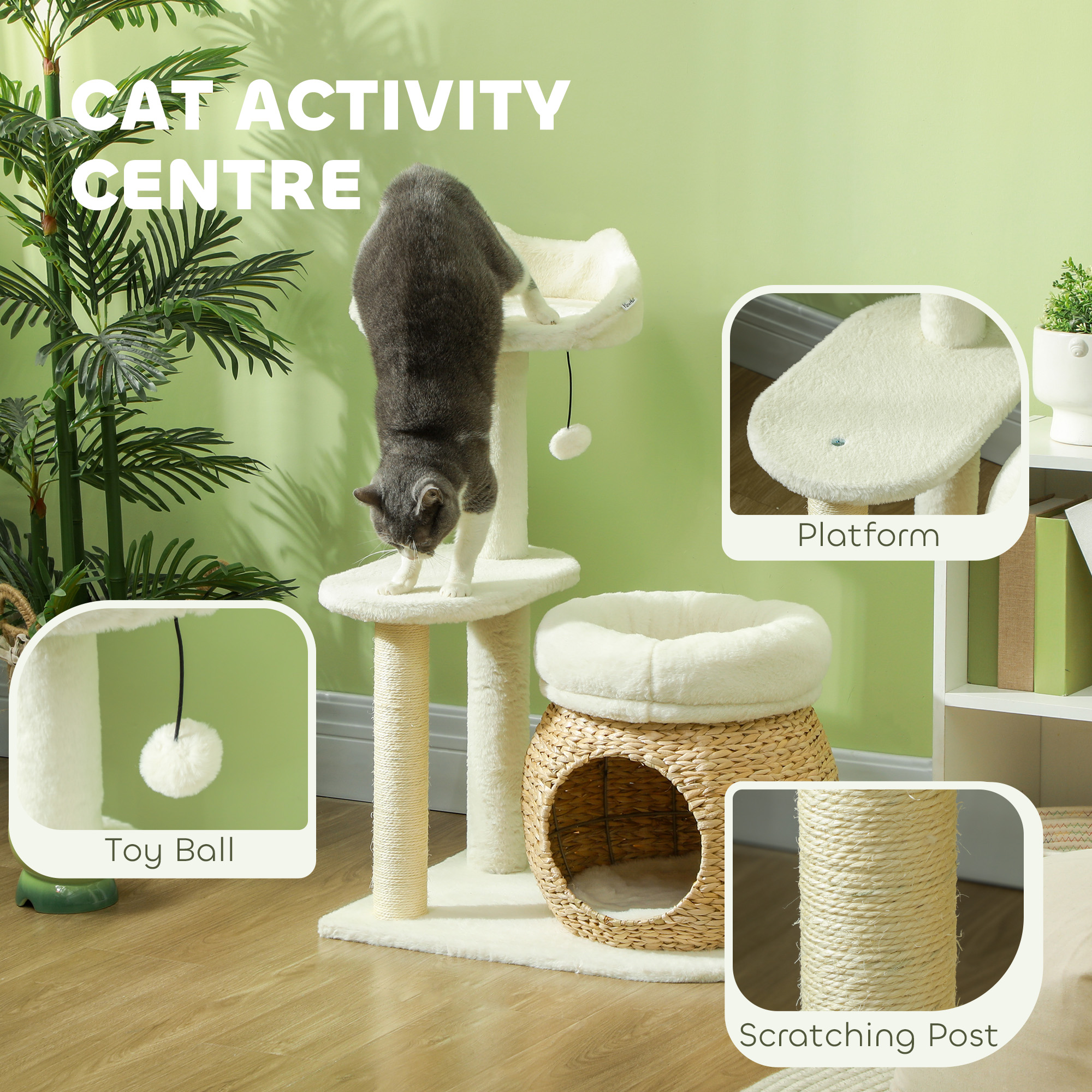 31" Cat Tree Tower with Scratching Posts, Cat Condo, Beds, Platform, Toy Ball, for Indoor Cats, Cream White - Image 4