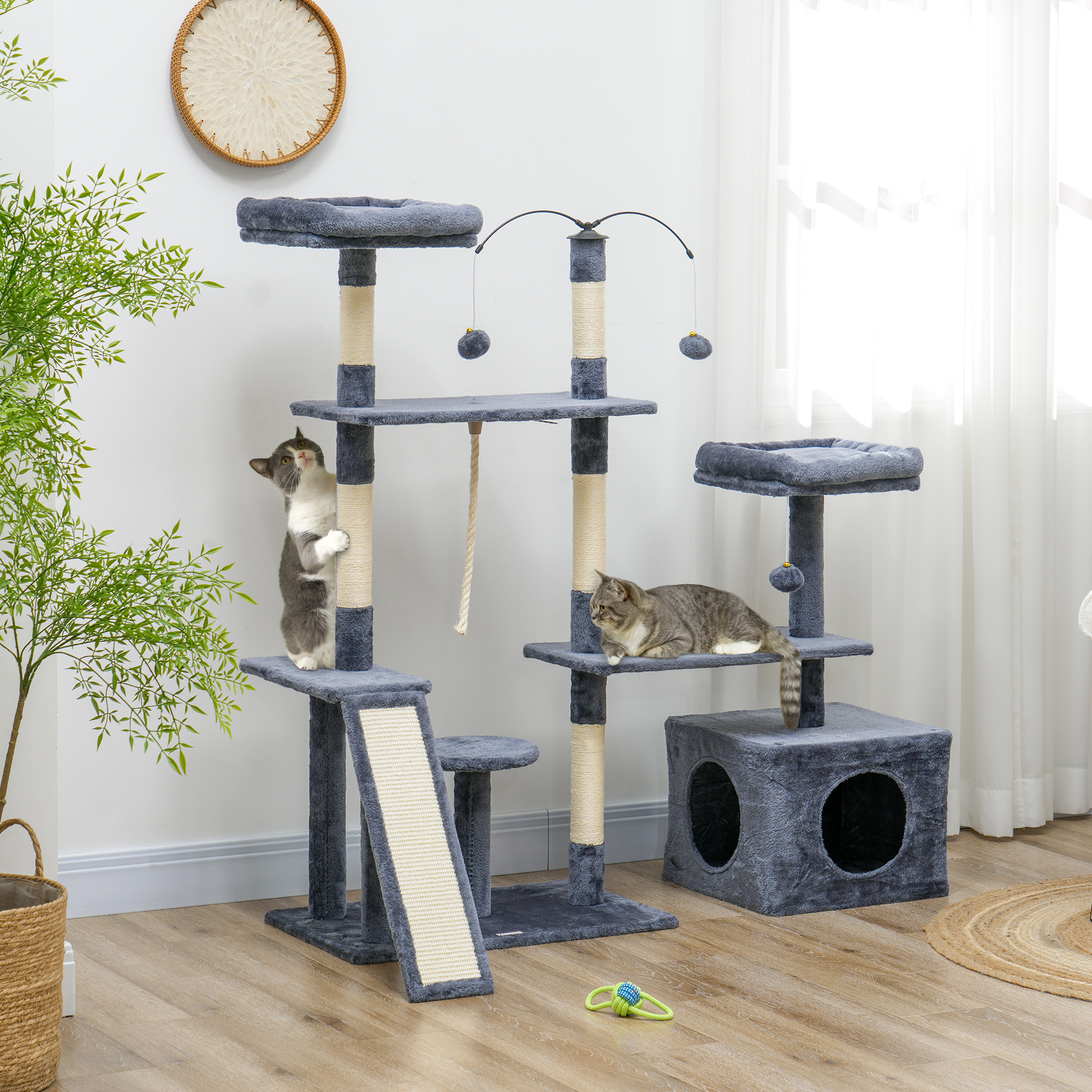 53" Cat Tree, Cat Tower with Scratching Posts, Cat Condo, Beds, Platforms, Toy Balls for Indoor Cats, Dark Grey