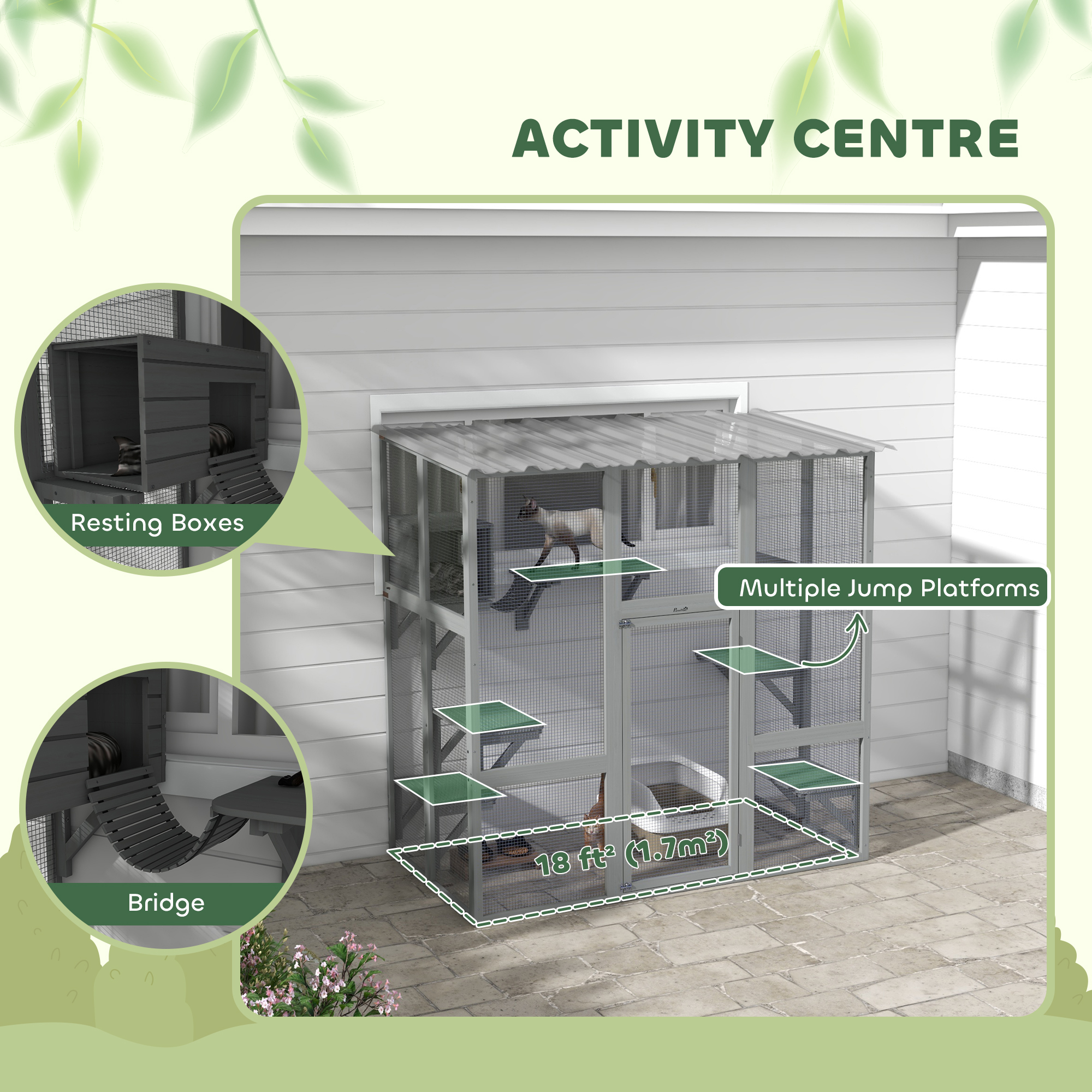 Large Outdoor Catio with Weatherproof Roof, Bridge, Resting Box, Platforms, Grey
