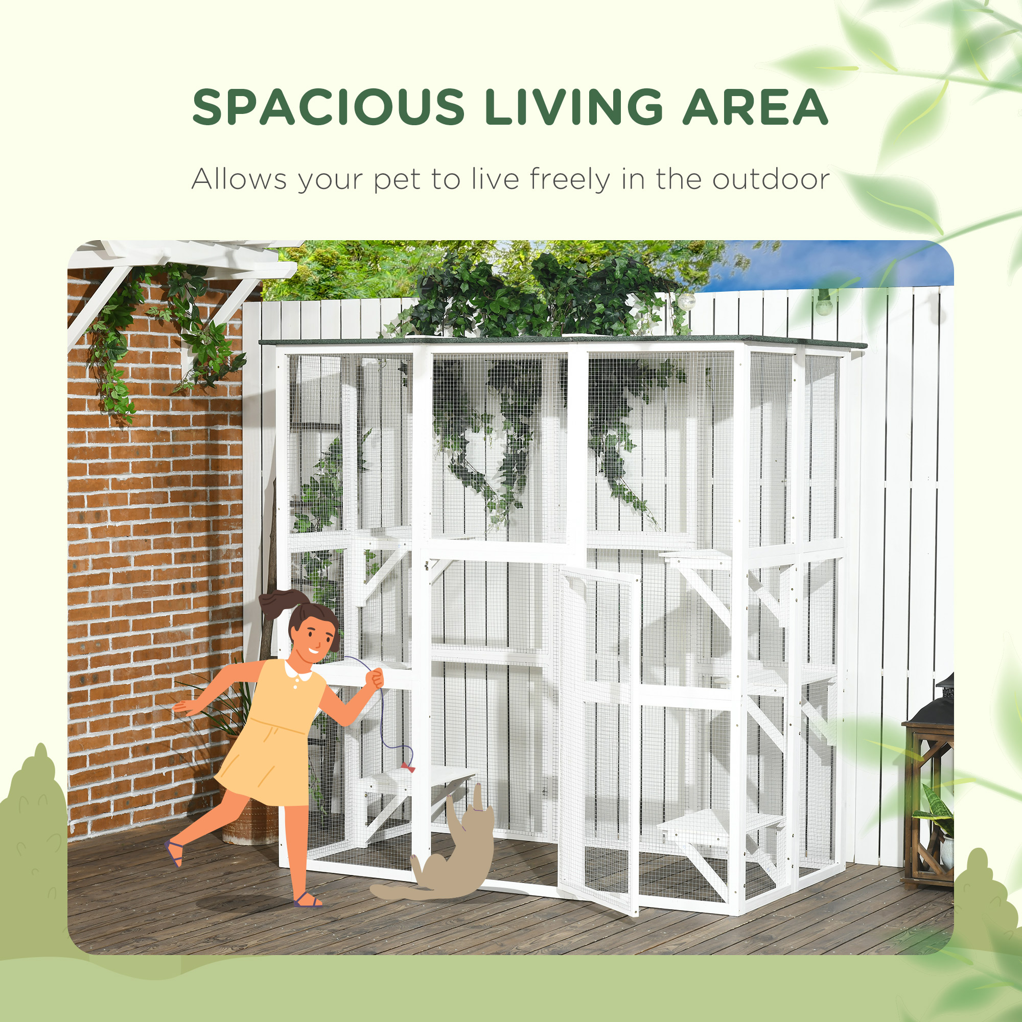 Large Outdoor Catio Enclosure, Wooden Cat Patio with 6 Balanced Platforms and Asphalt Roof, 70.9" x 38.6" x 70.9", White